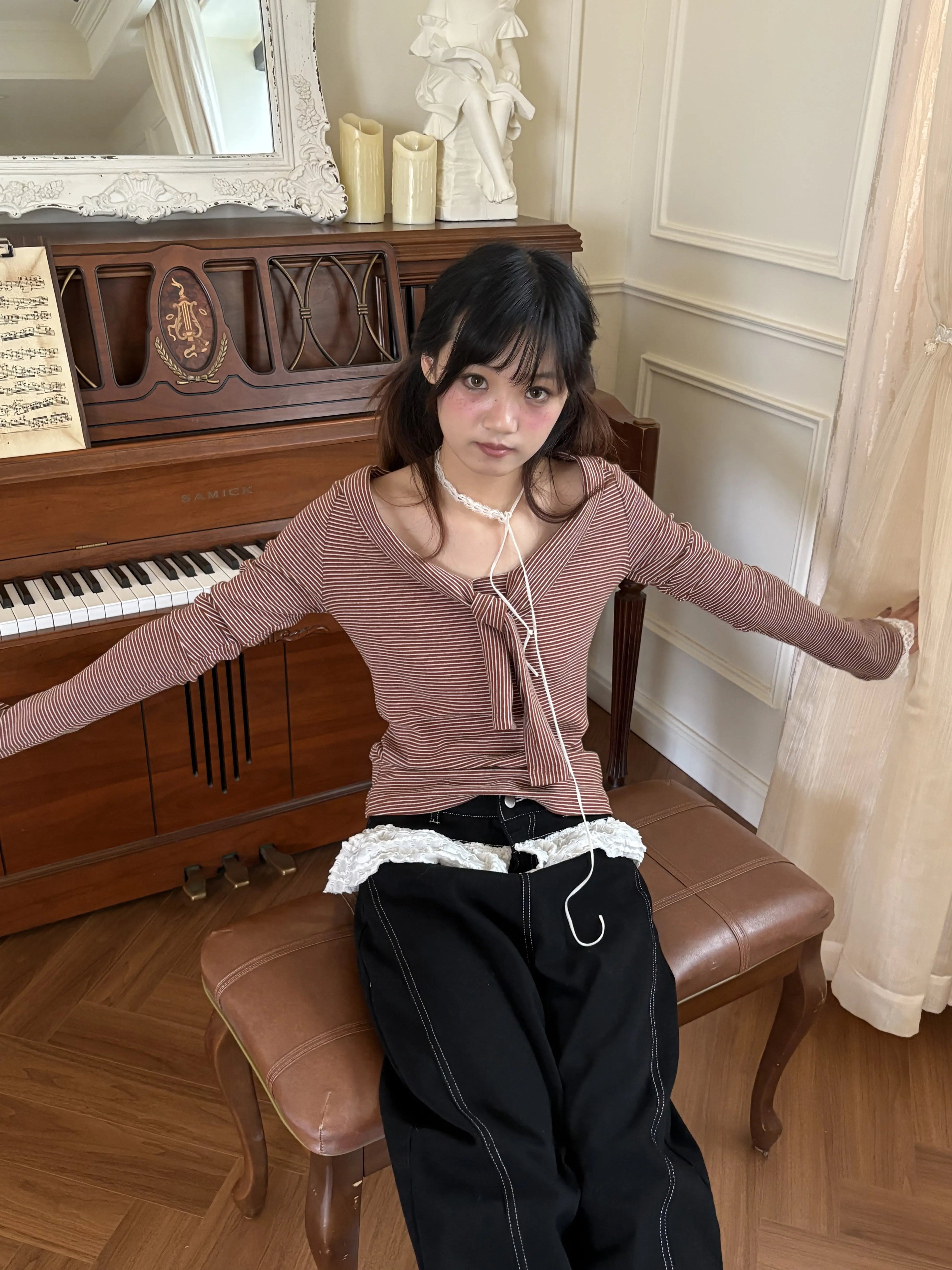 Striped Lace Trim Tie Detail Long Sleeve T-Shirt