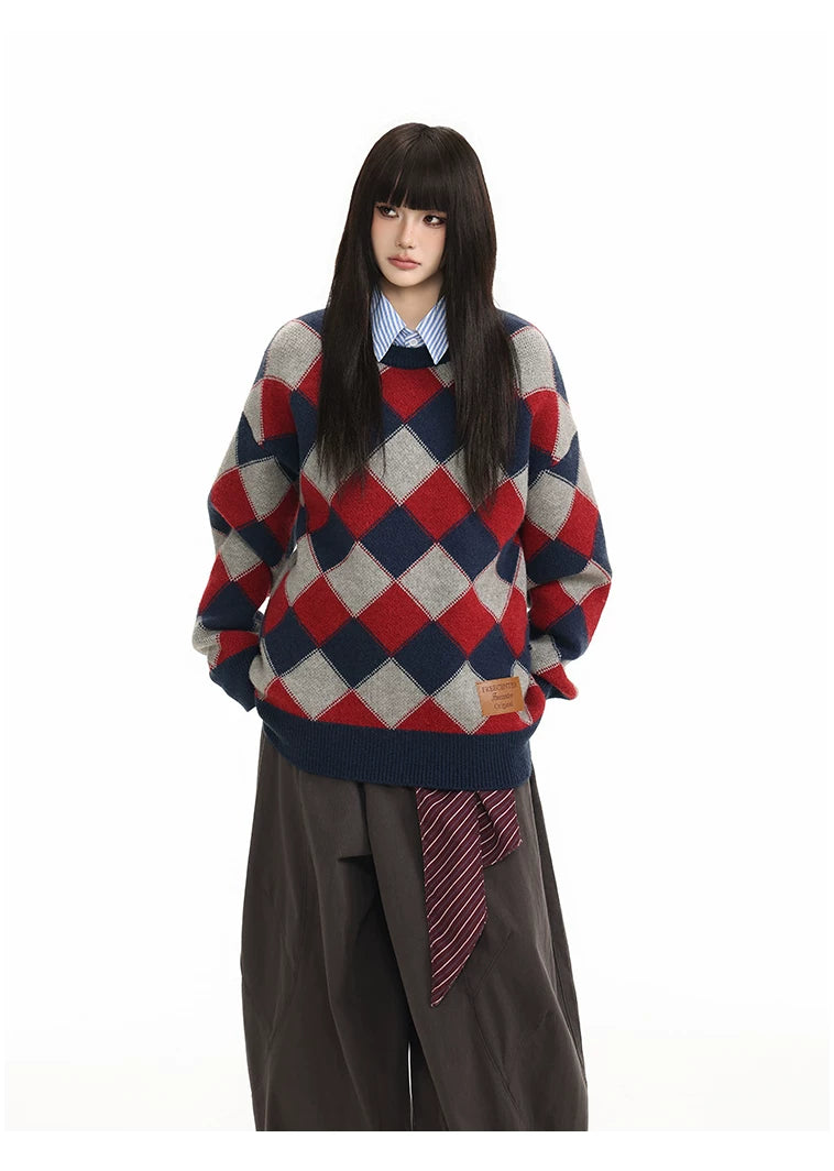Heavyweight Diamond Pattern Oversize Hooded Knit Cardigan & Knit Sweater