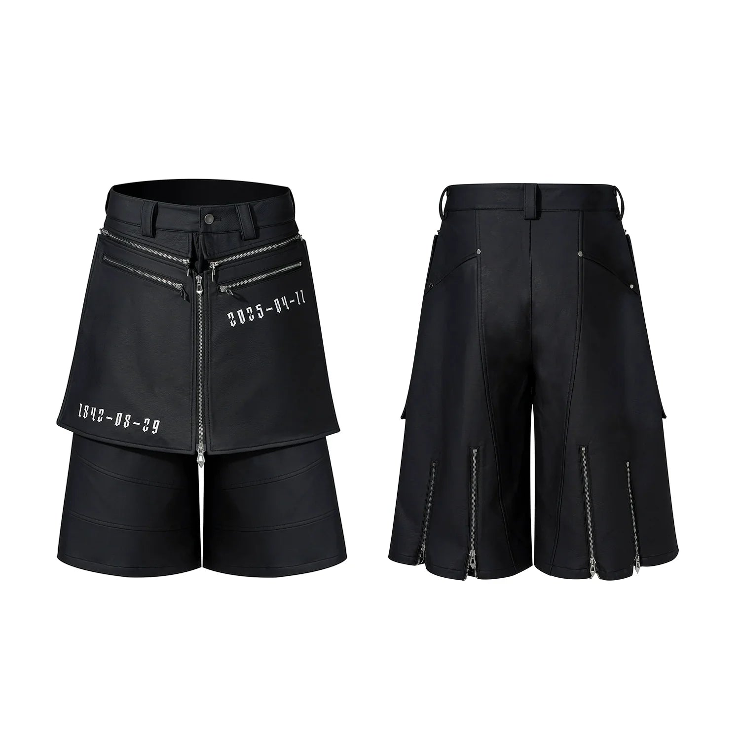 Pantalones de cuero sintético con cremallera metálica deconstruida y capas falsas