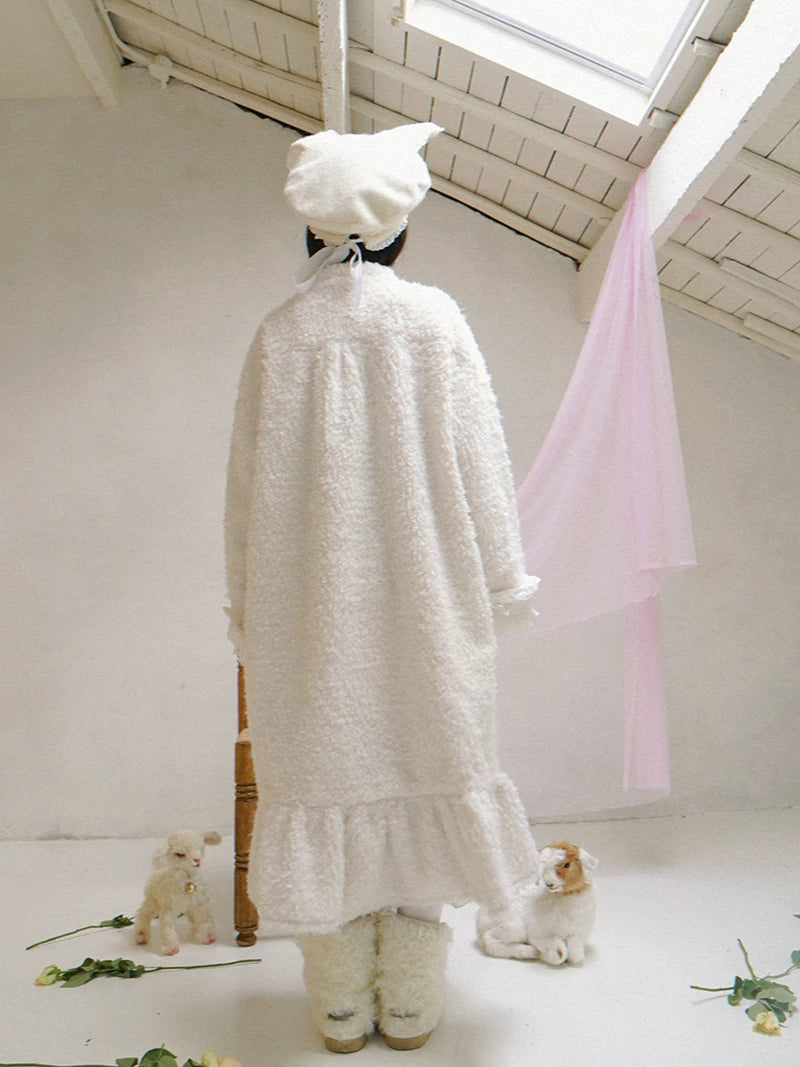 Plush Bow Ruffle Long Coat