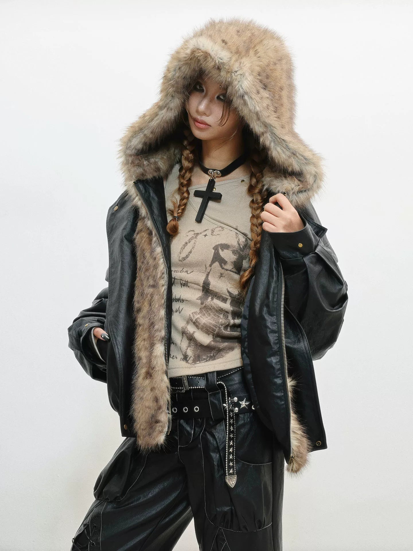 Fur Patchwork Thick PU Leather Jacket