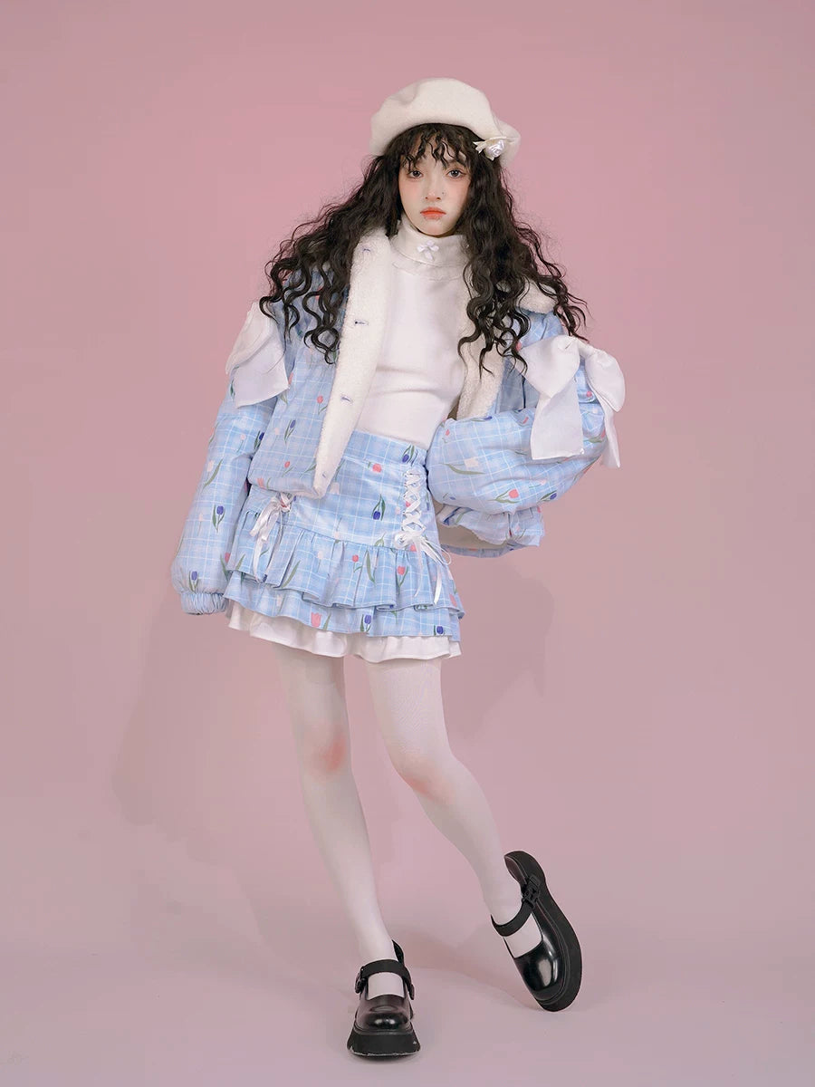 Flower Print Bow Fleece Lining Puffer Jacket