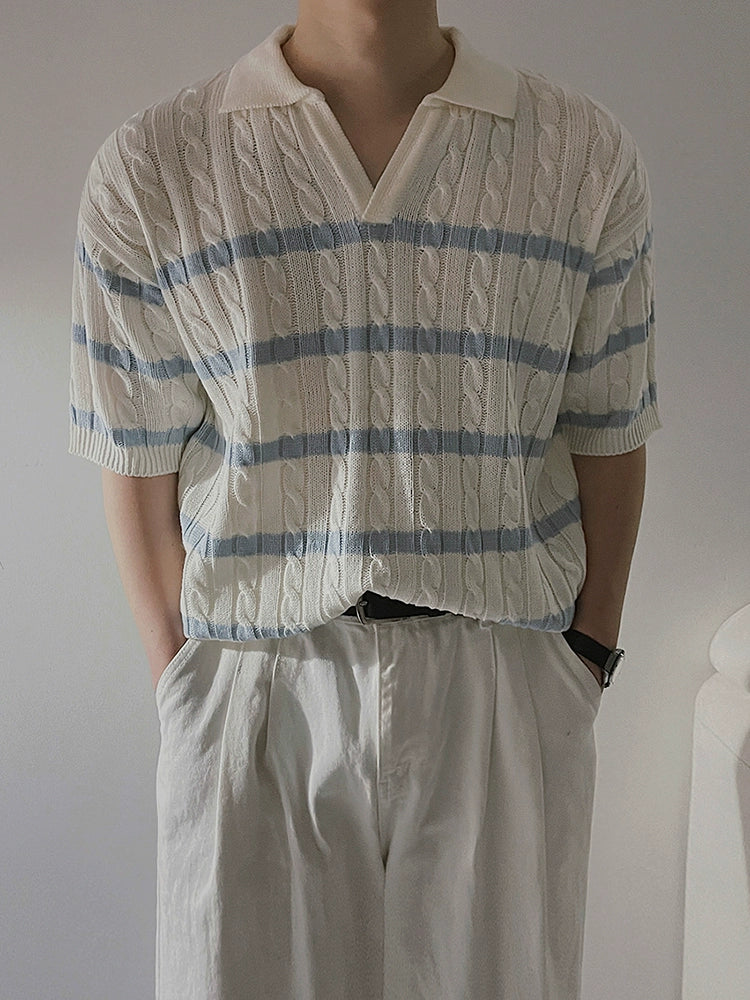 Cable Striped Collar Short Sleeve Knit Polo Shirt