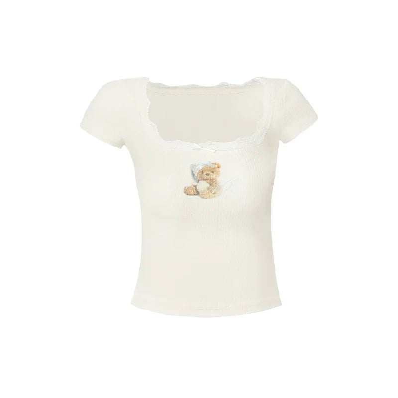 Conjunto de camisola corta con estampado de oso, camisola, shorts, pantalones micro flare y camiseta de manga corta