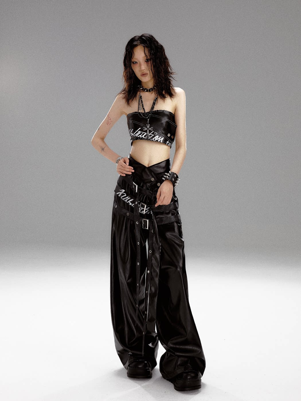 High-Waist V-Cut Graffiti Print Belted Black PU Leather Pants