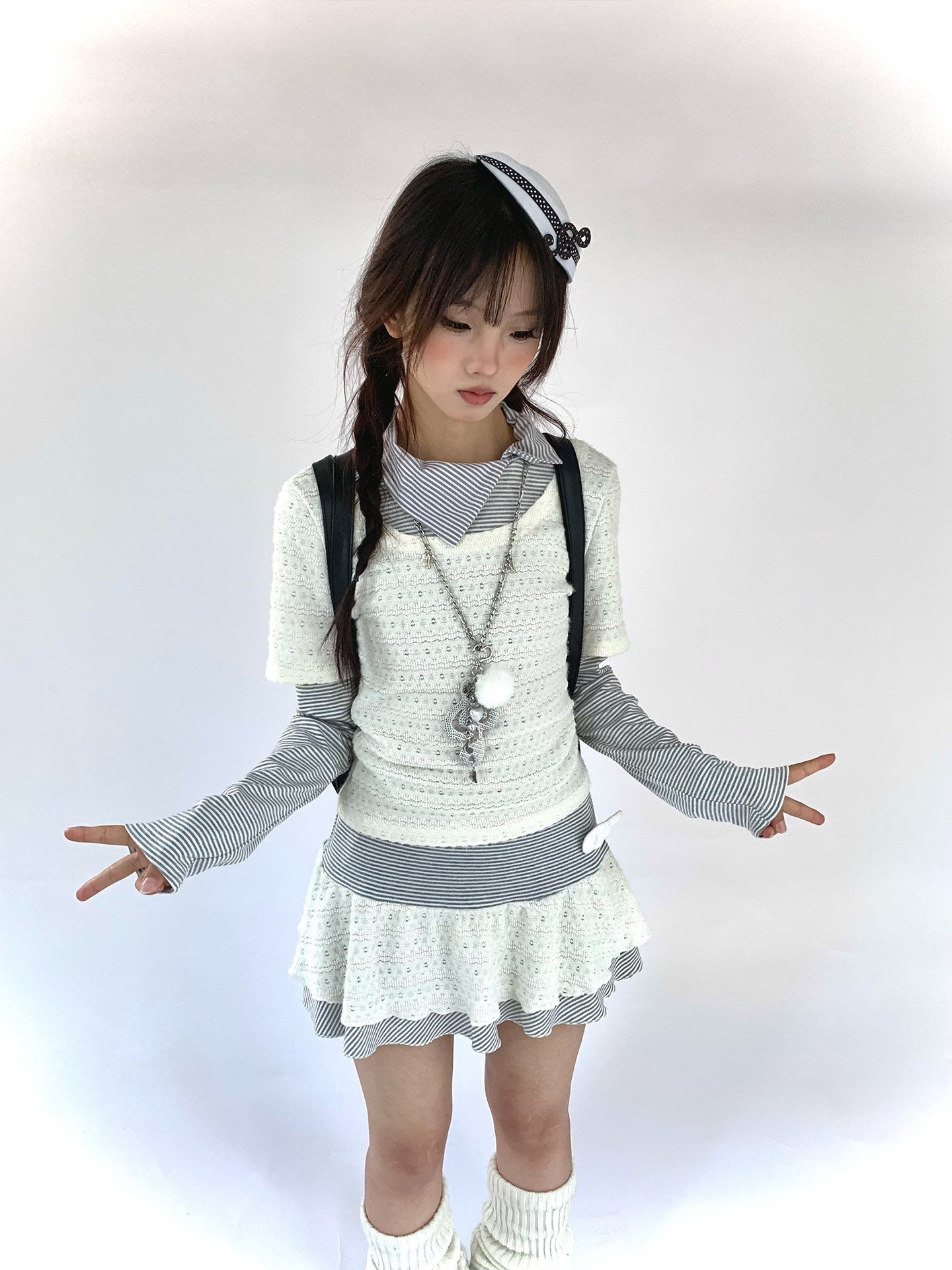 Fake Layered Striped Ruffle A-Line Dress