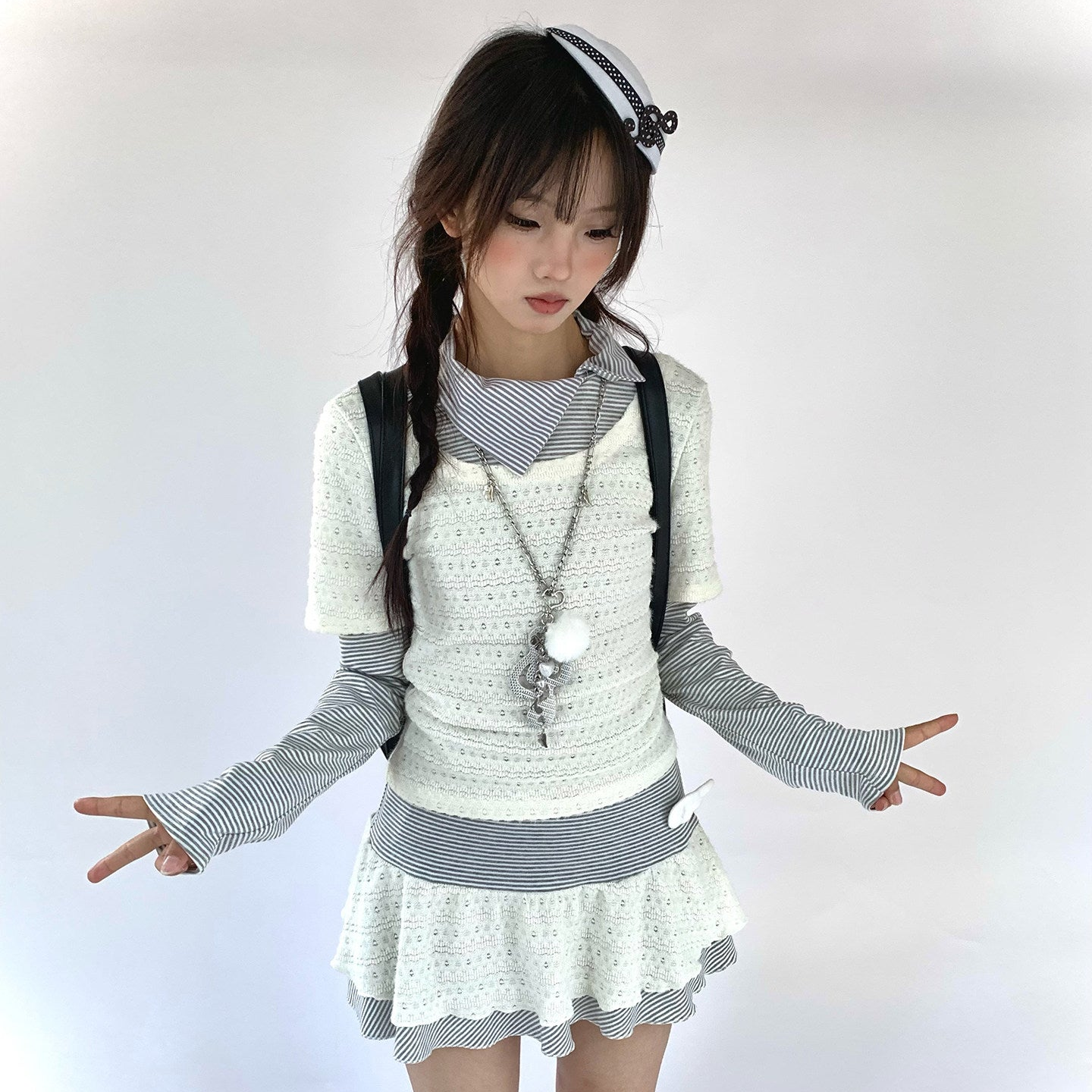Fake Layered Striped Ruffle A-Line Dress