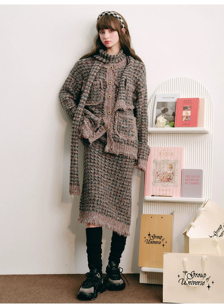 Plaid Button Cardigan & Scarf & Long Skirt Setup