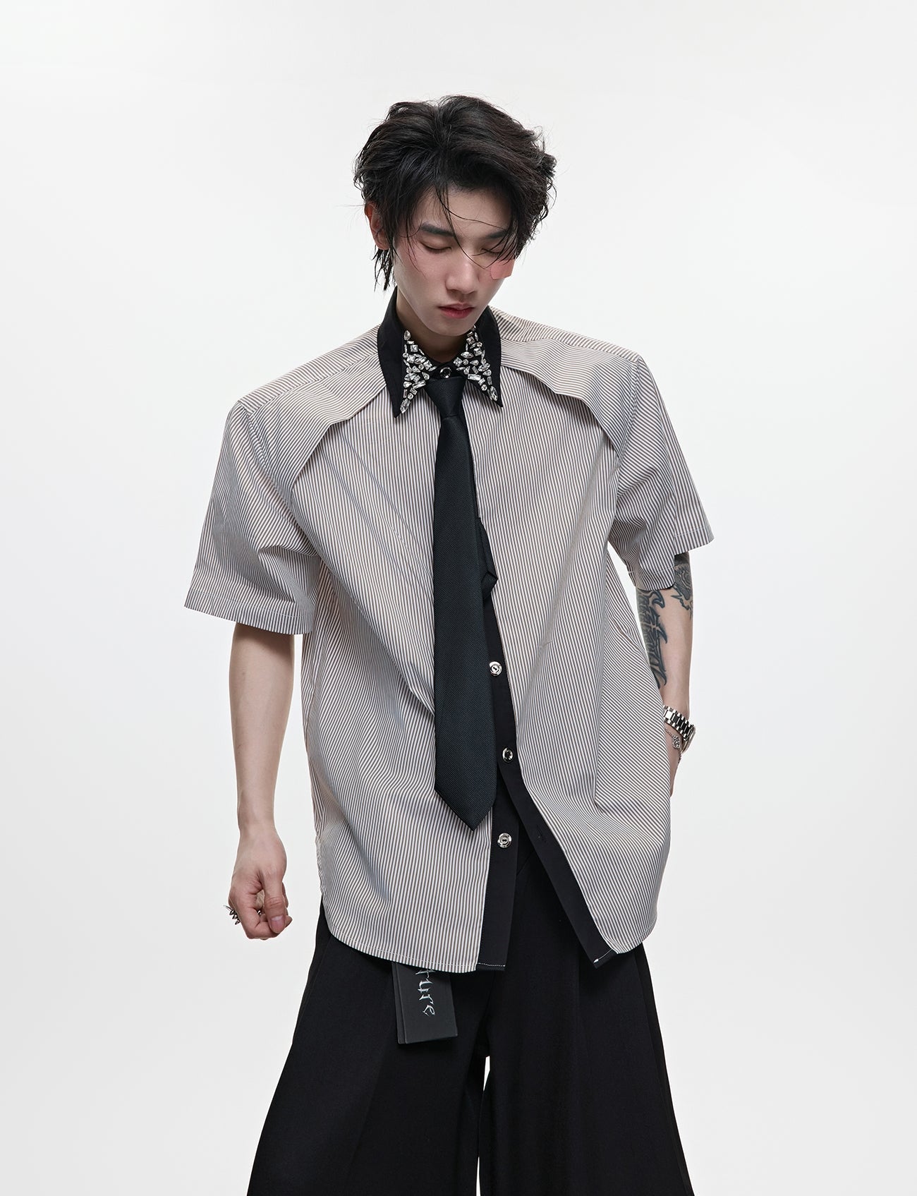 Rhinestone Stripe Two-Tone Patchwork Short Sleeve Shirt