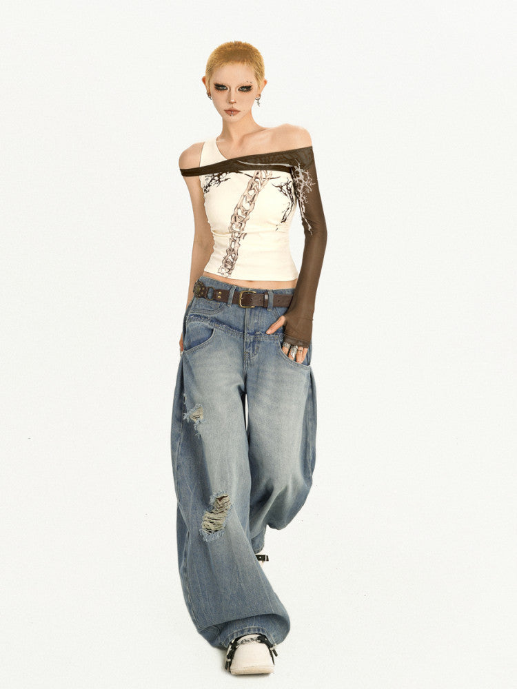 Damage Embroidery Wash Wide Leg Denim Jeans