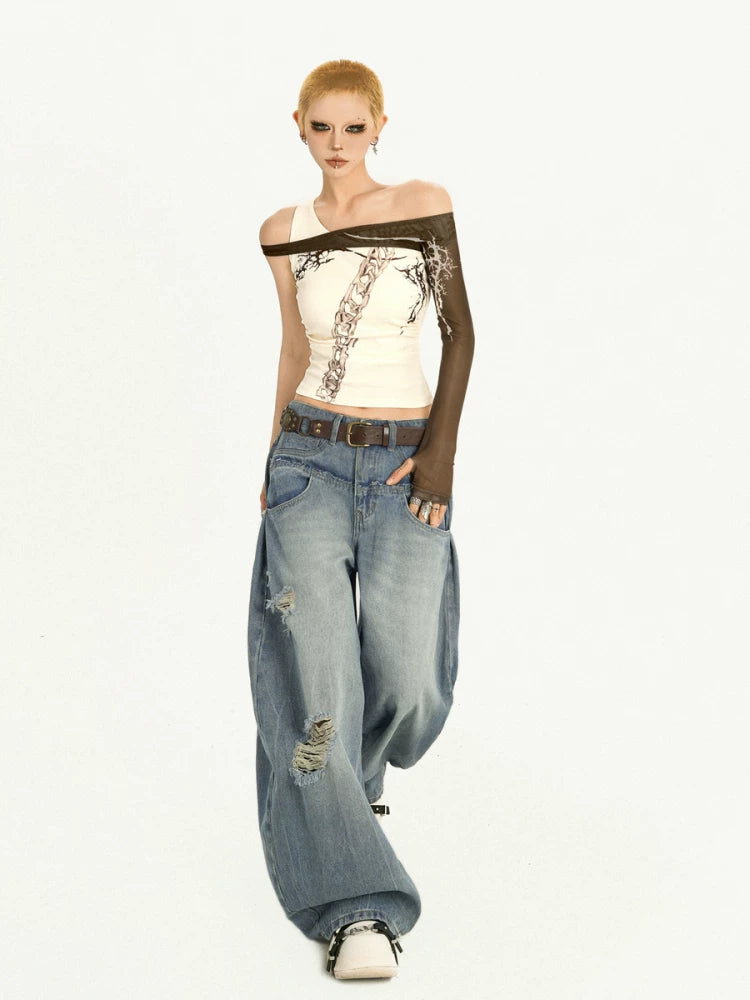 Damage Embroidery Wash Wide Leg Denim Jeans
