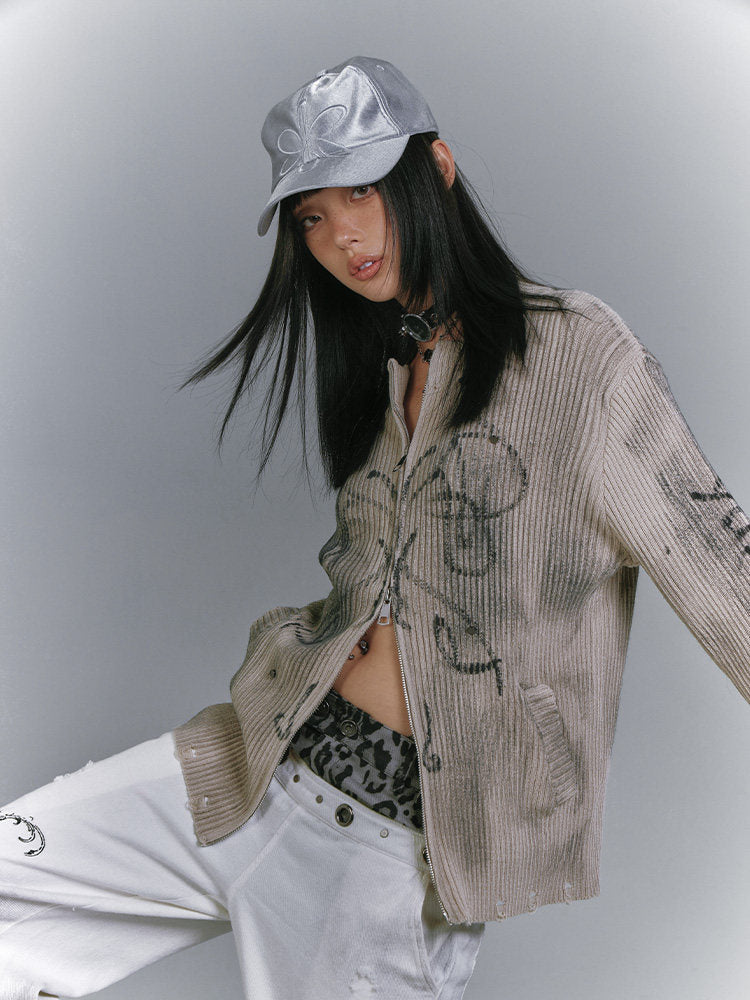Washed Damage Graffiti Design Oversize Knit Cardigan