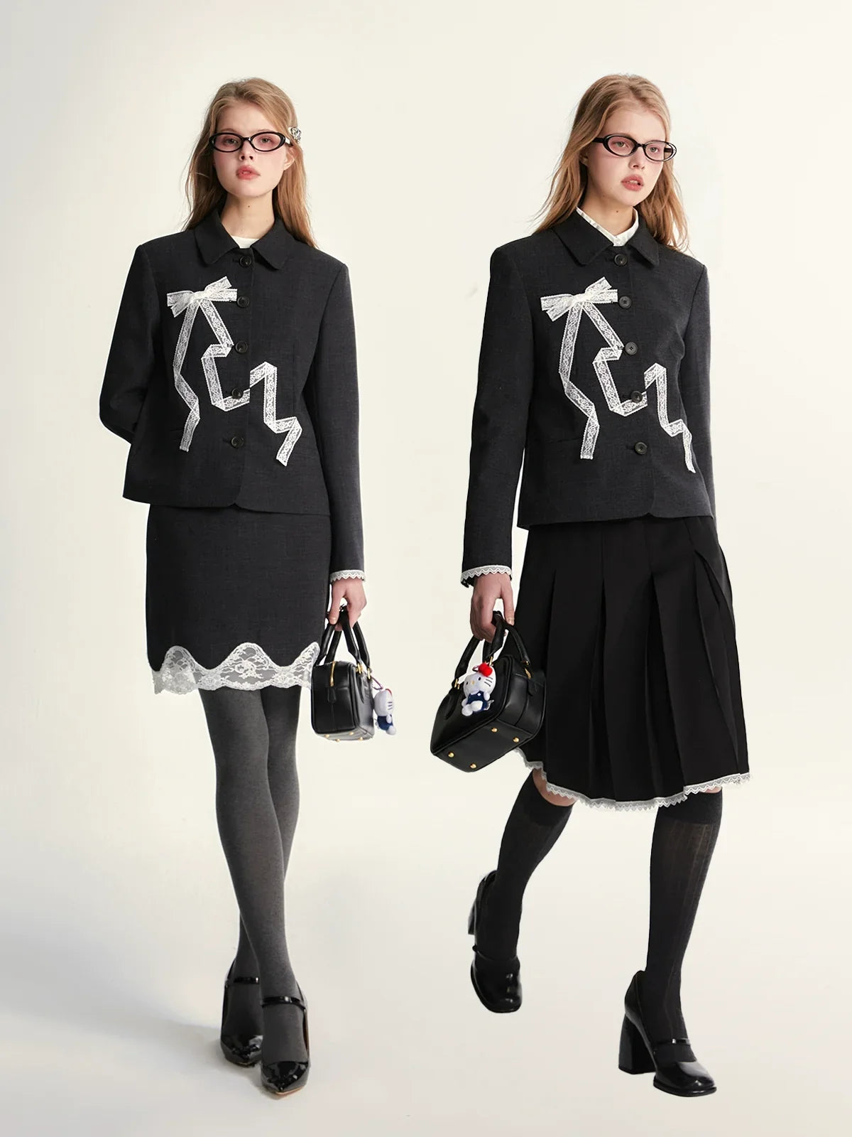 Lace Bow Blazer Jacket & Skirt Setup
