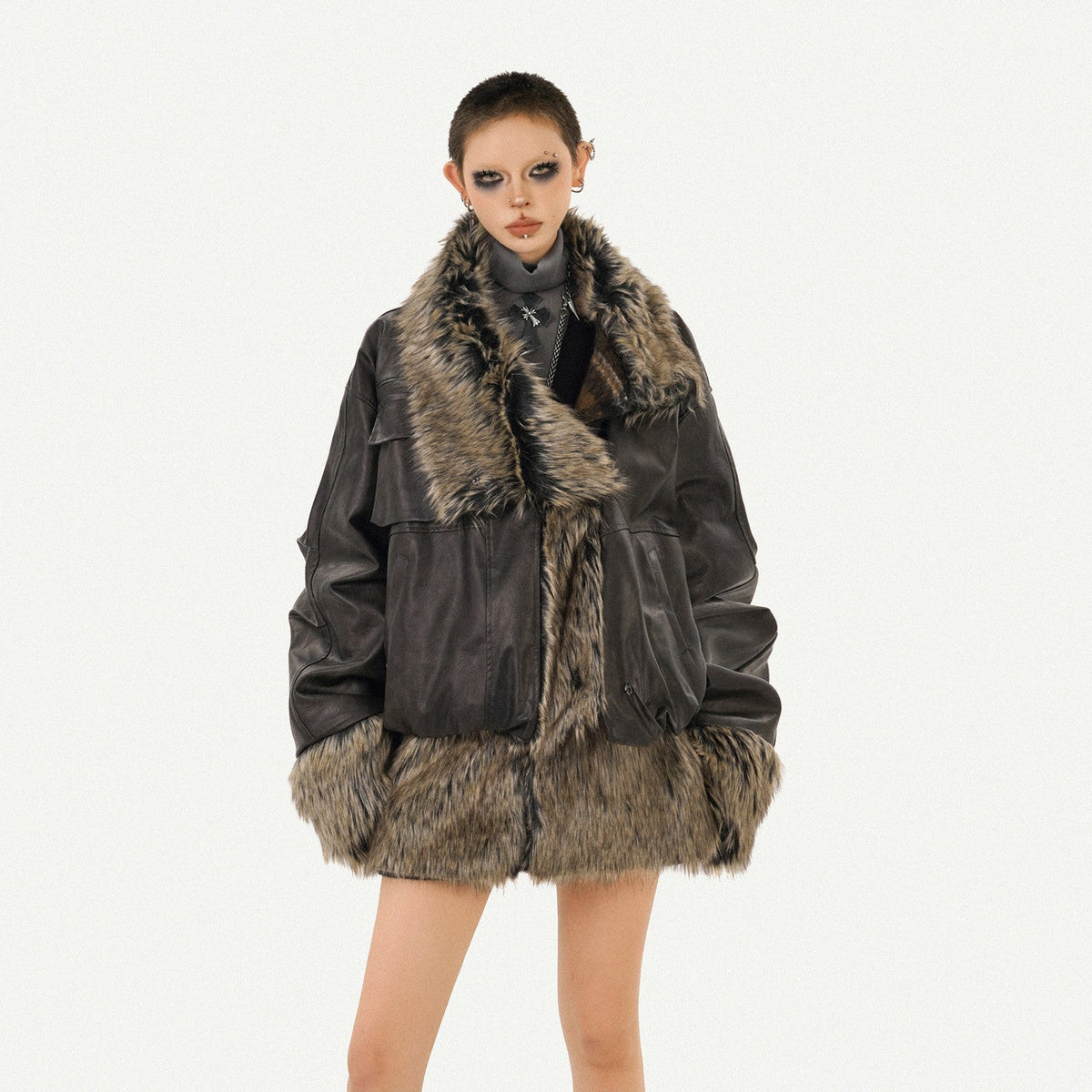 Reversible Fake Fur PU Leather Jacket & Skirt Setup