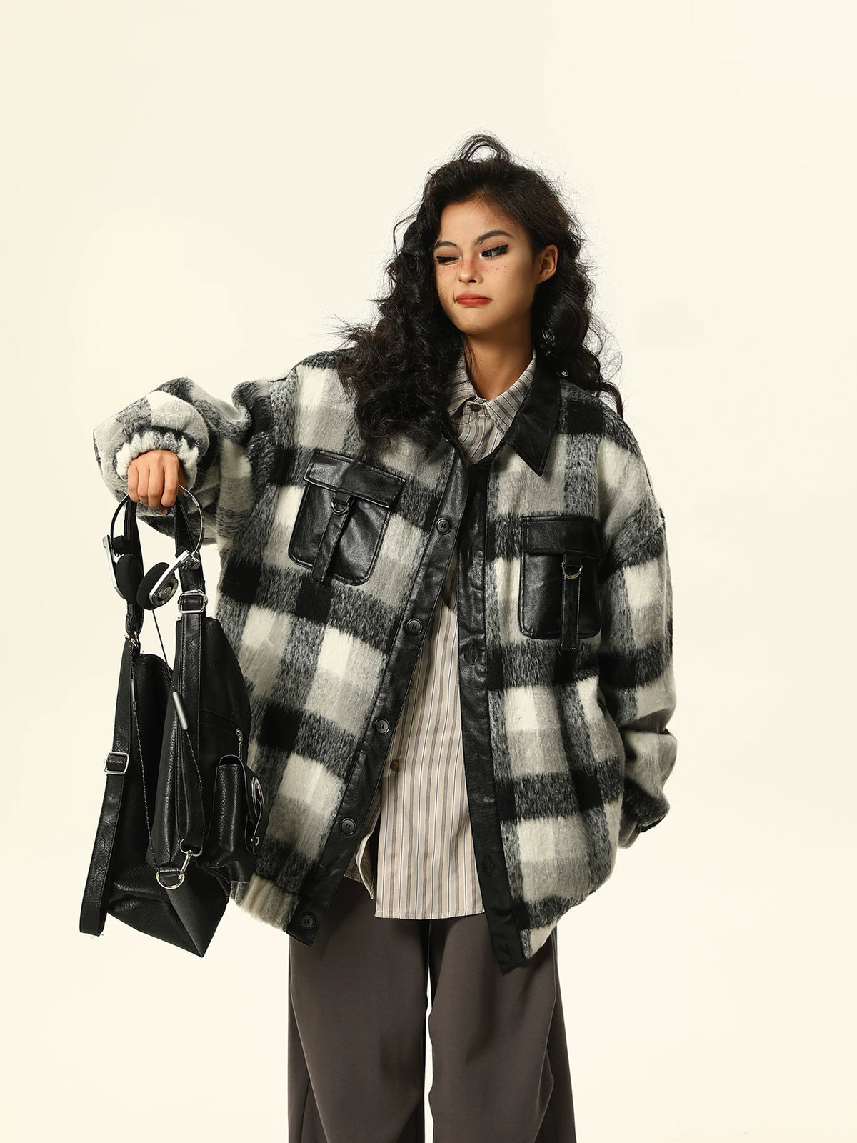 PU Leather Mix Woolen Plaid Jacket