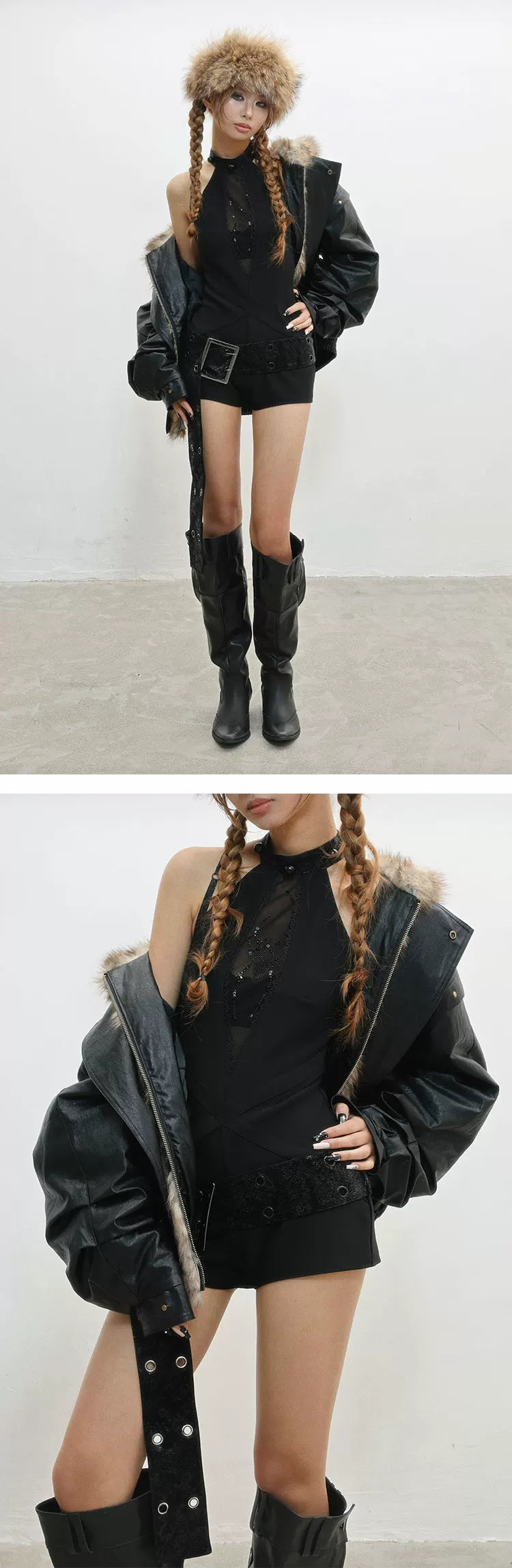 Fur Patchwork Thick PU Leather Jacket
