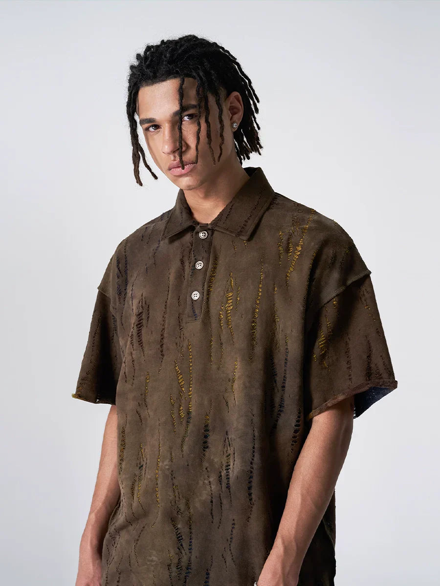Wavy Pattern Raw Edge Print Short Sleeve Shirt