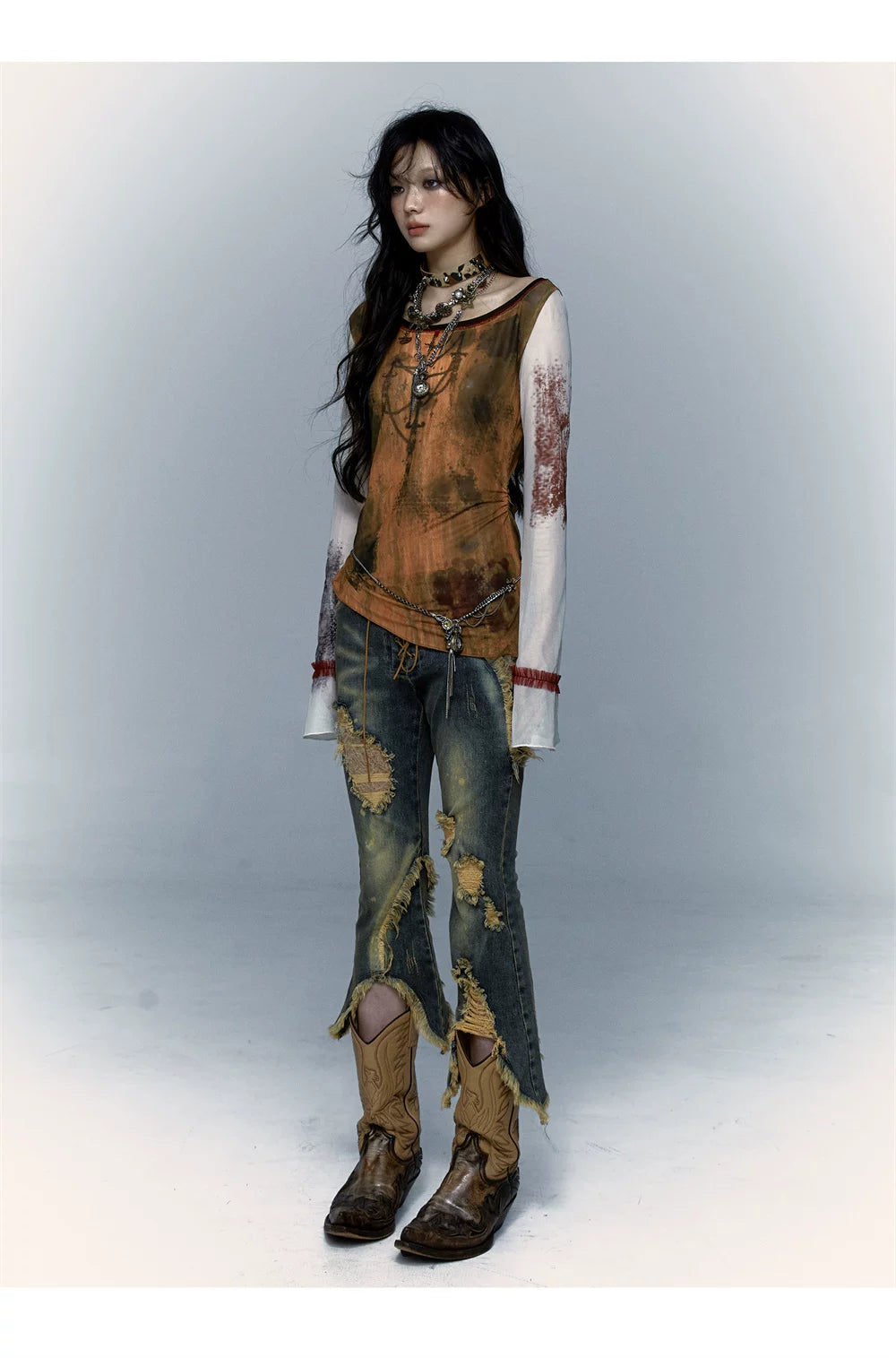 Damage Asymmetric Flare Denim Jeans