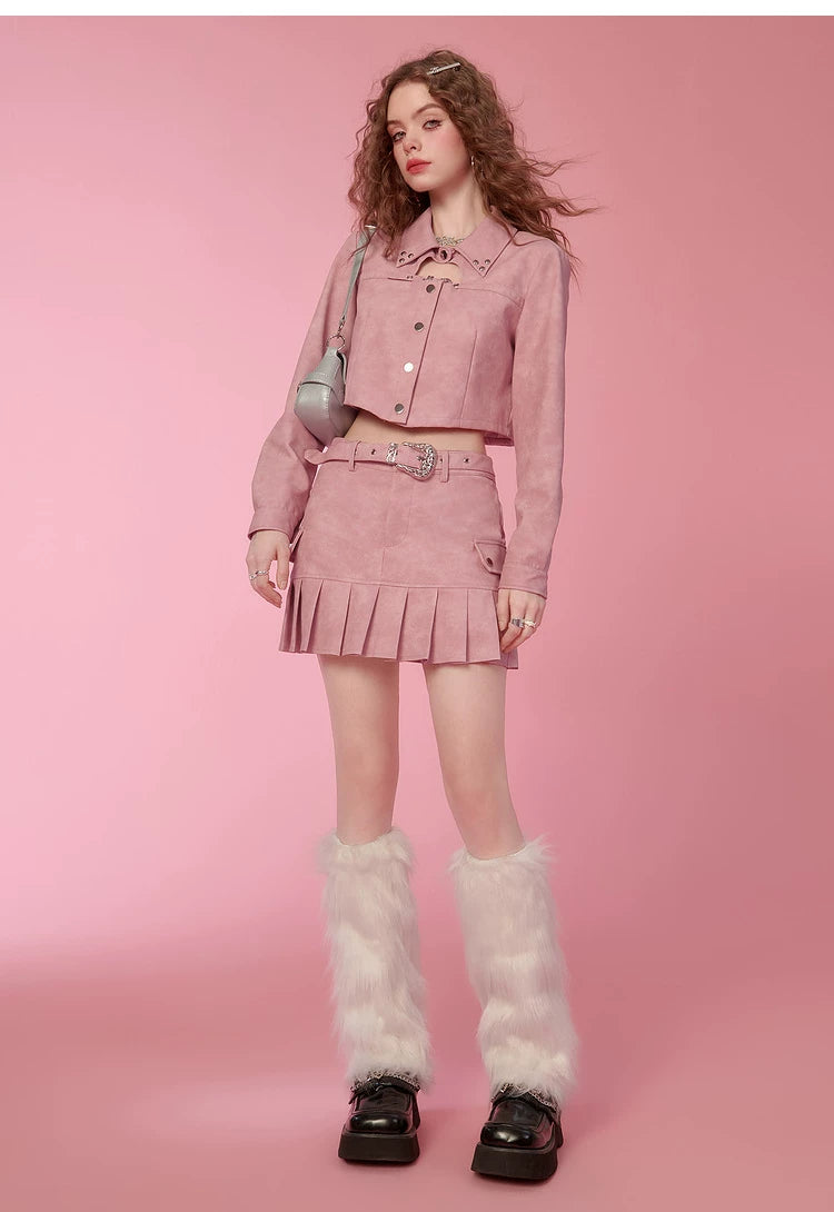 PU Leather Short Jacket & Short Pleats Skirt Setup