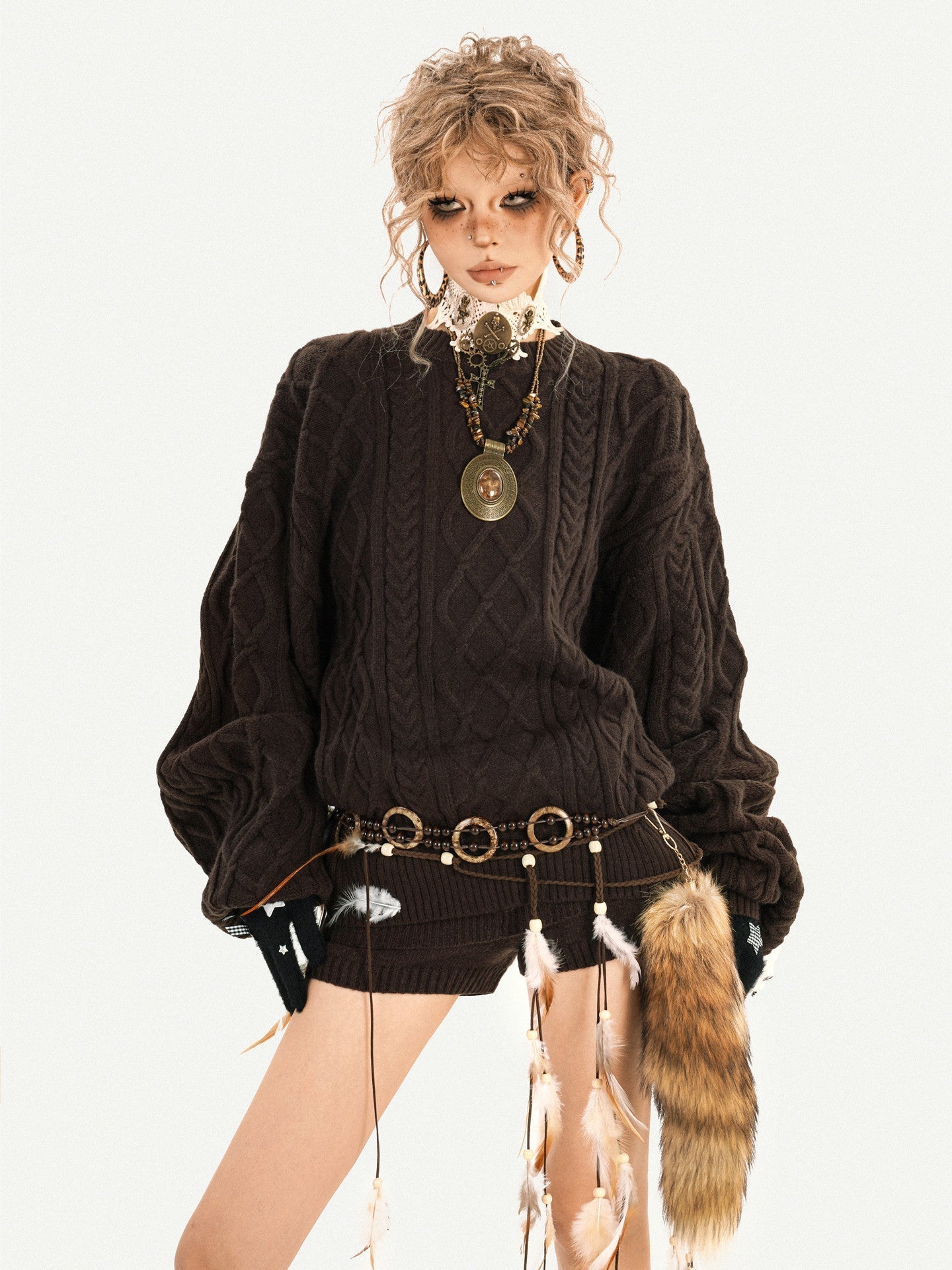 Oversize Knit Sweater & Low Waist Knit Short Pants & Shawl & Leg Warmers Setup
