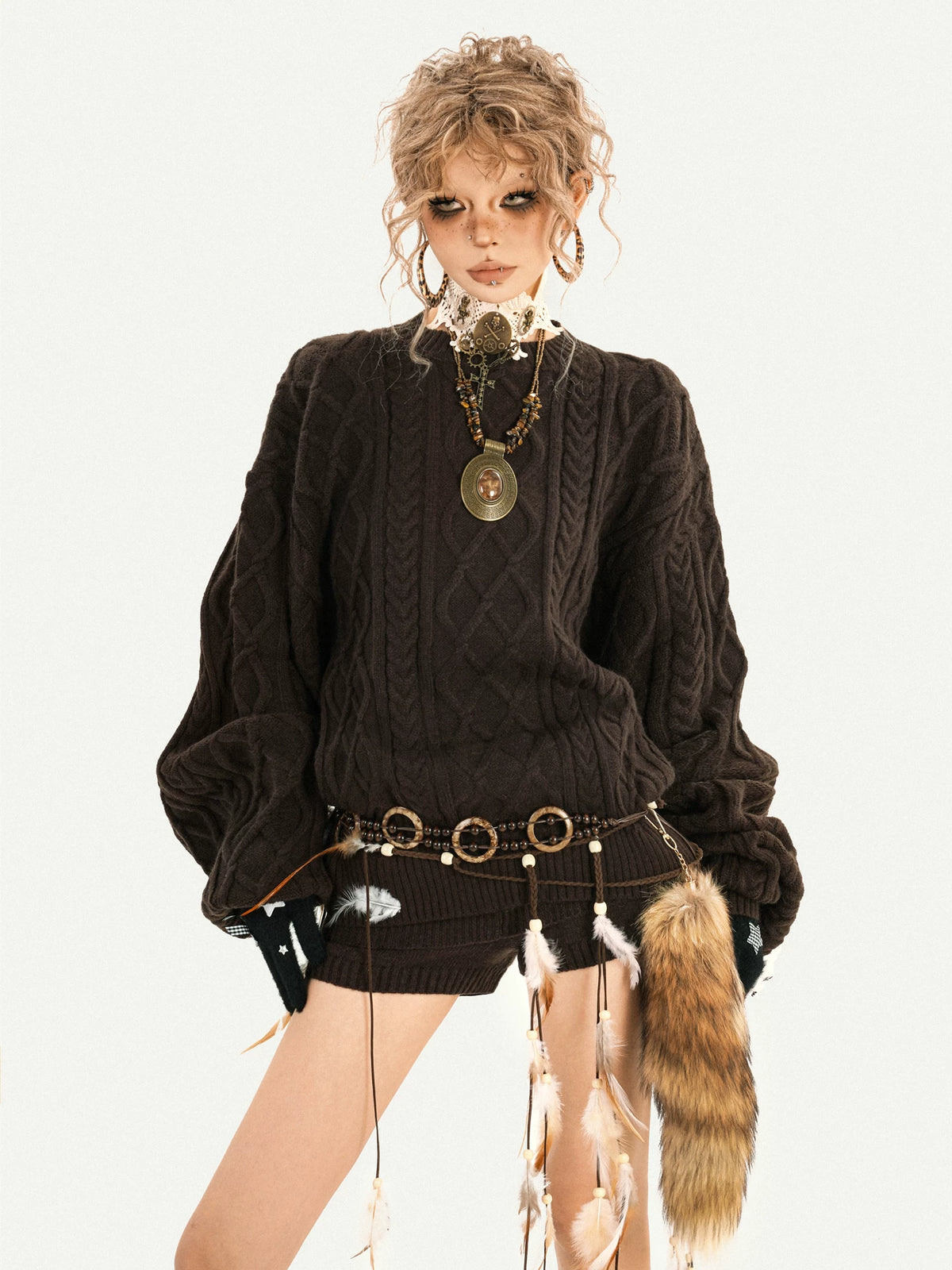 Oversize Knit Sweater & Low Waist Knit Short Pants & Shawl & Leg Warmers Setup