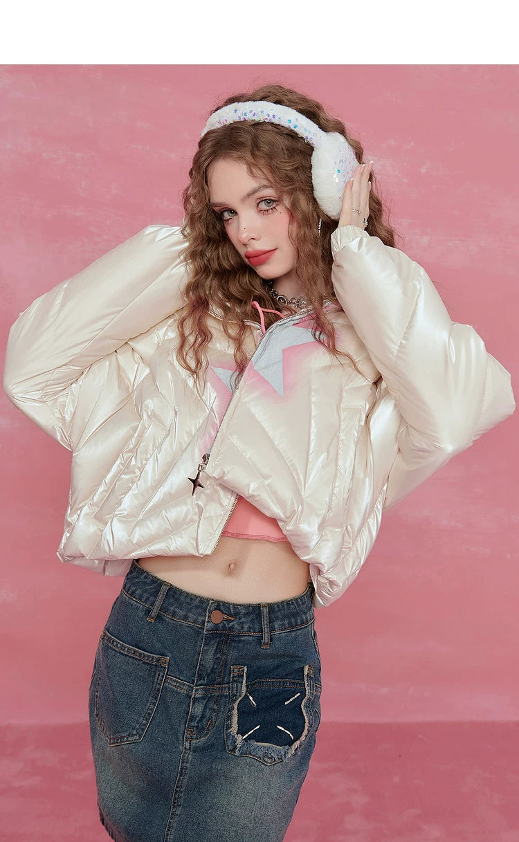 Star-Stitch Stand Neck Short White Duck Down Jacket