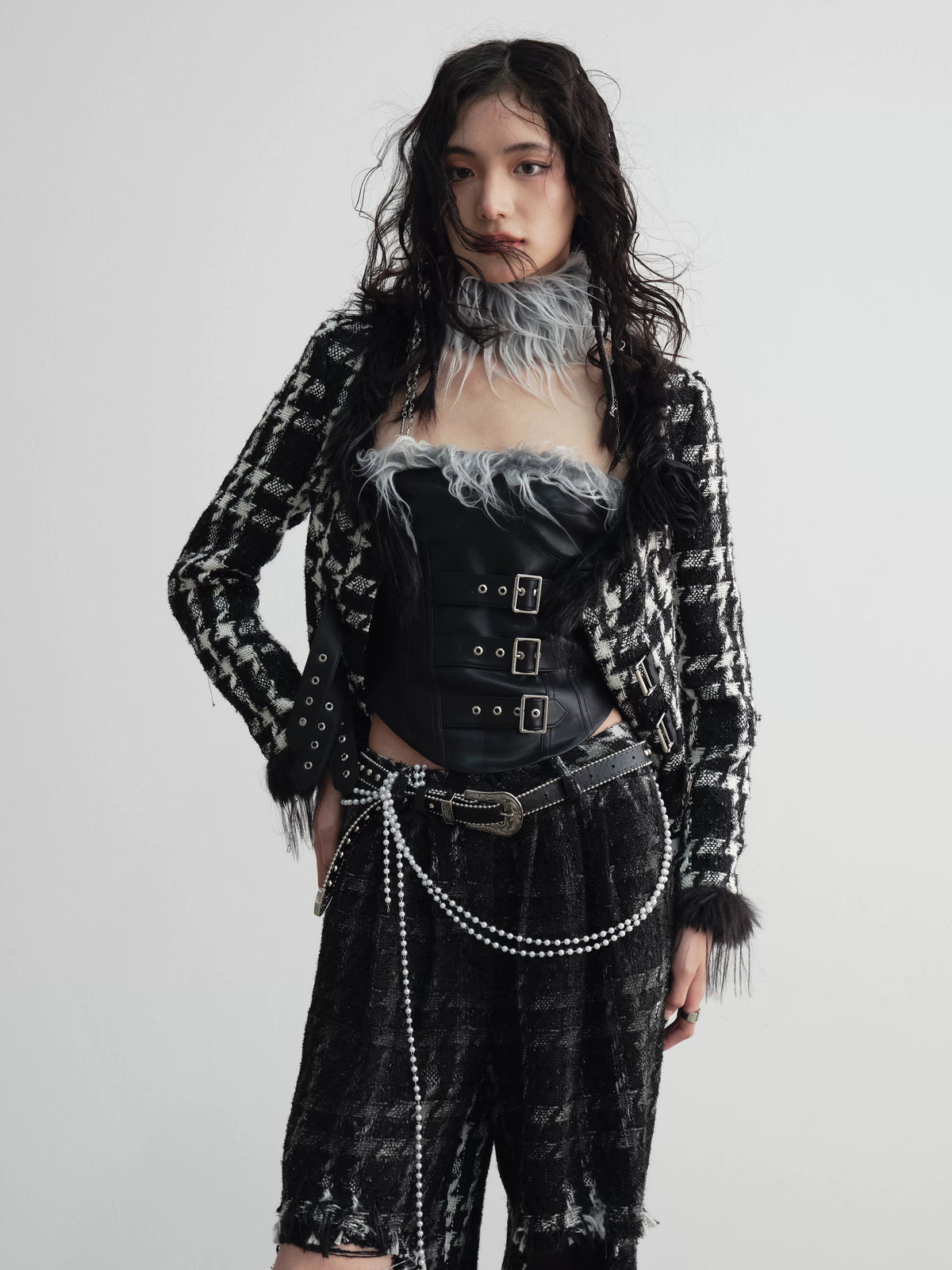 Hairy Low Collar Houndstooth Jacket