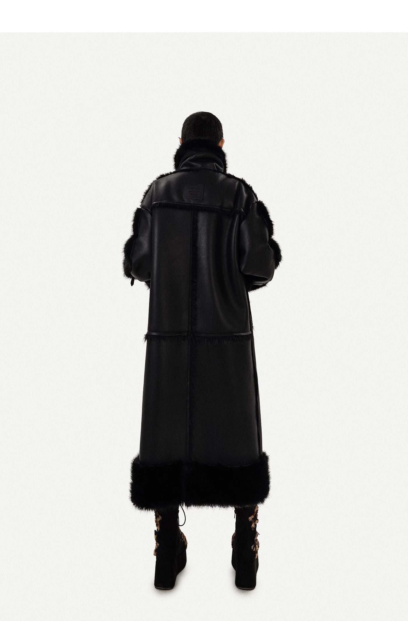 PU Leather Fake Fur Stand Neck Coat