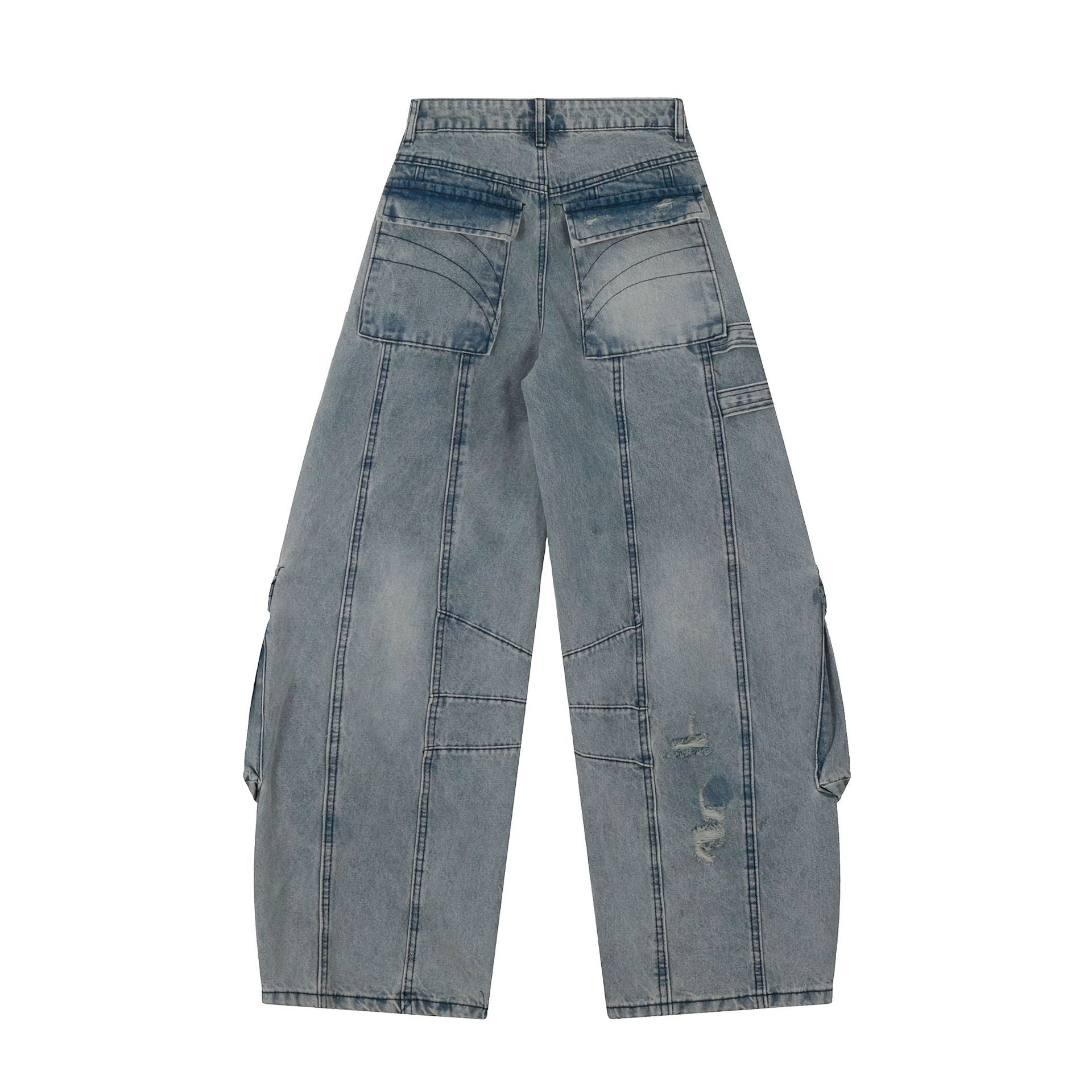 Washed Curved Multi Pocket Wide Leg Cargo Denim Jeans