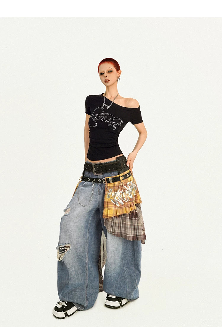 Damage Embroidery Wash Wide Leg Denim Jeans