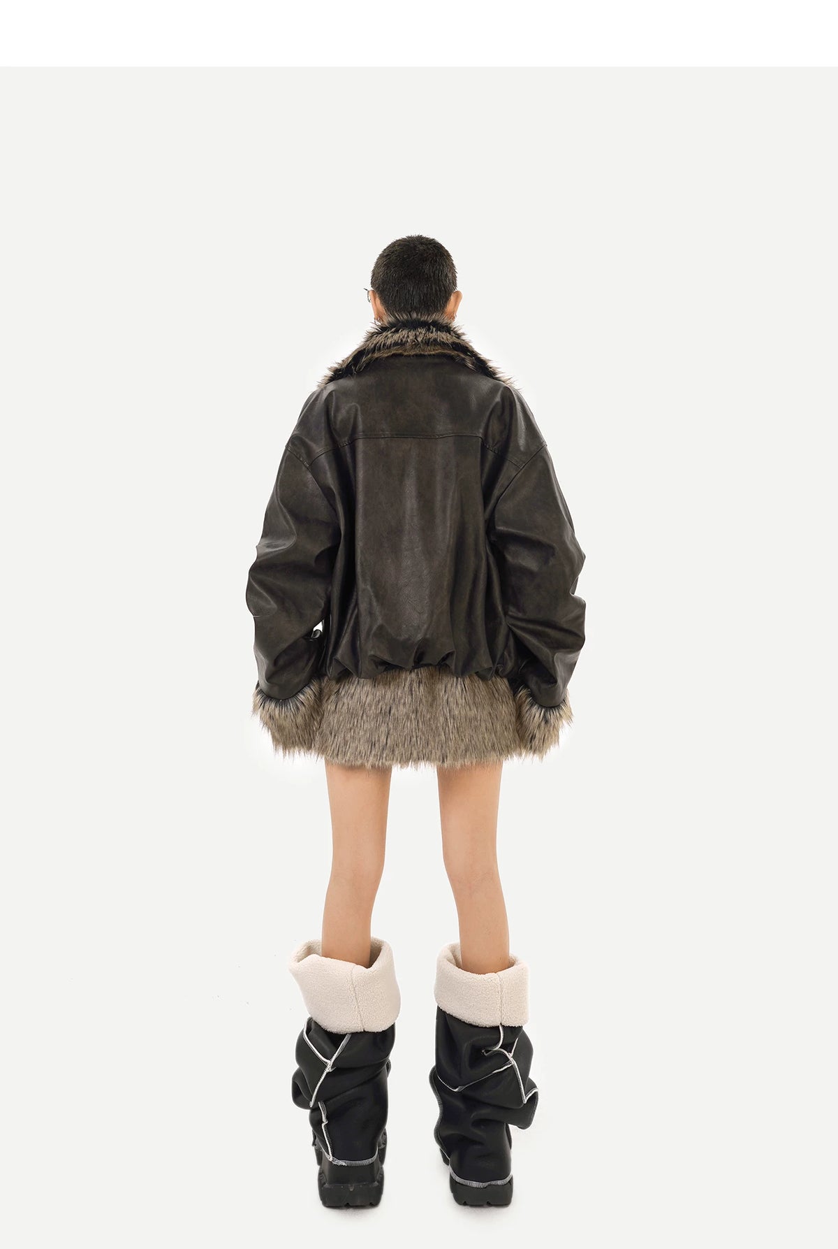 Reversible Fake Fur PU Leather Jacket & Skirt Setup