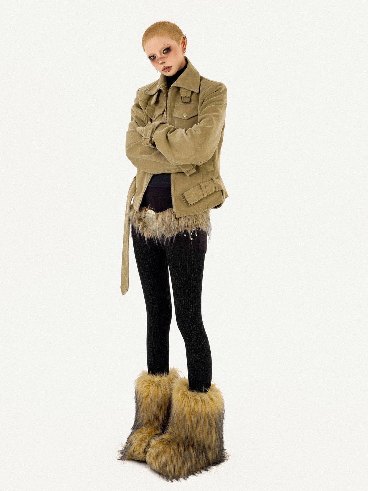 Cutout Ring PU Leather Furry Belt