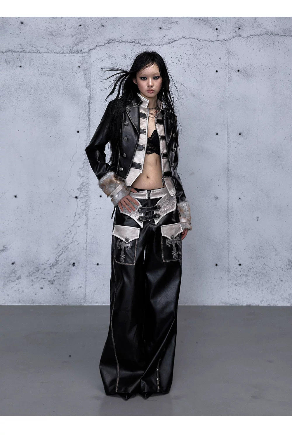 Standing-Collar Belt Detail Fake Fur Cuff PU Leather Jacket