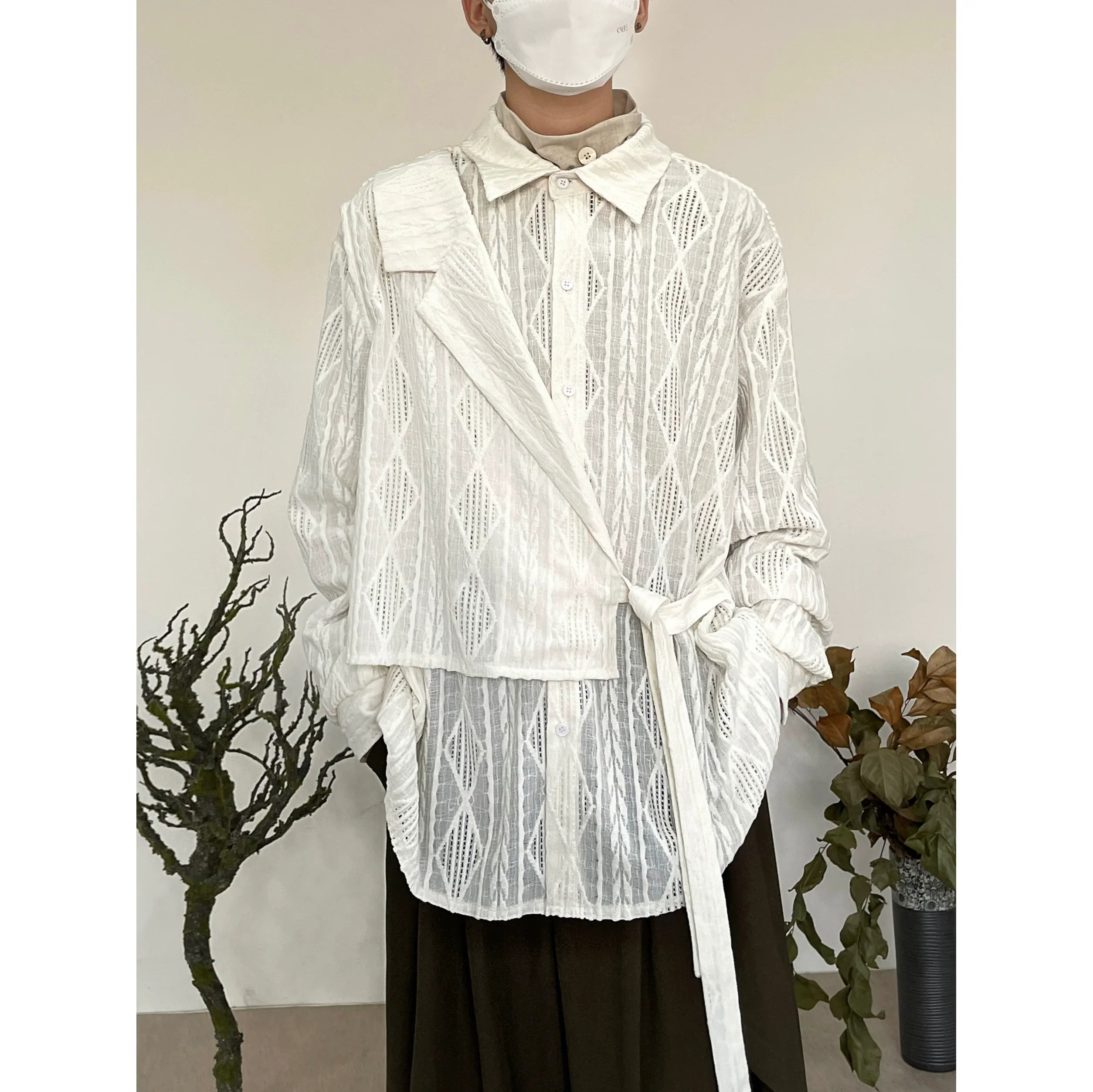 Jacquard Hollow-Out Patchwork Long Sleeve Shirt