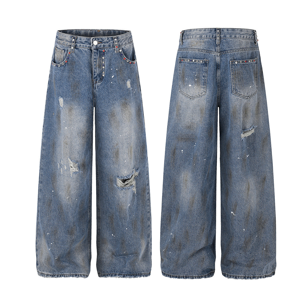 Washed Paint Damage Wide Leg Denim Jeans