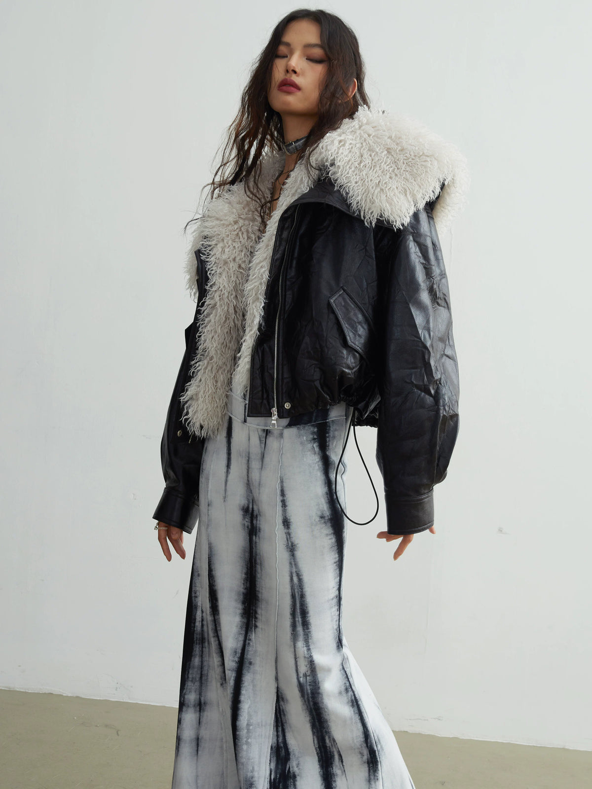 Detachable Large Fur Collar PU Leather Jacket