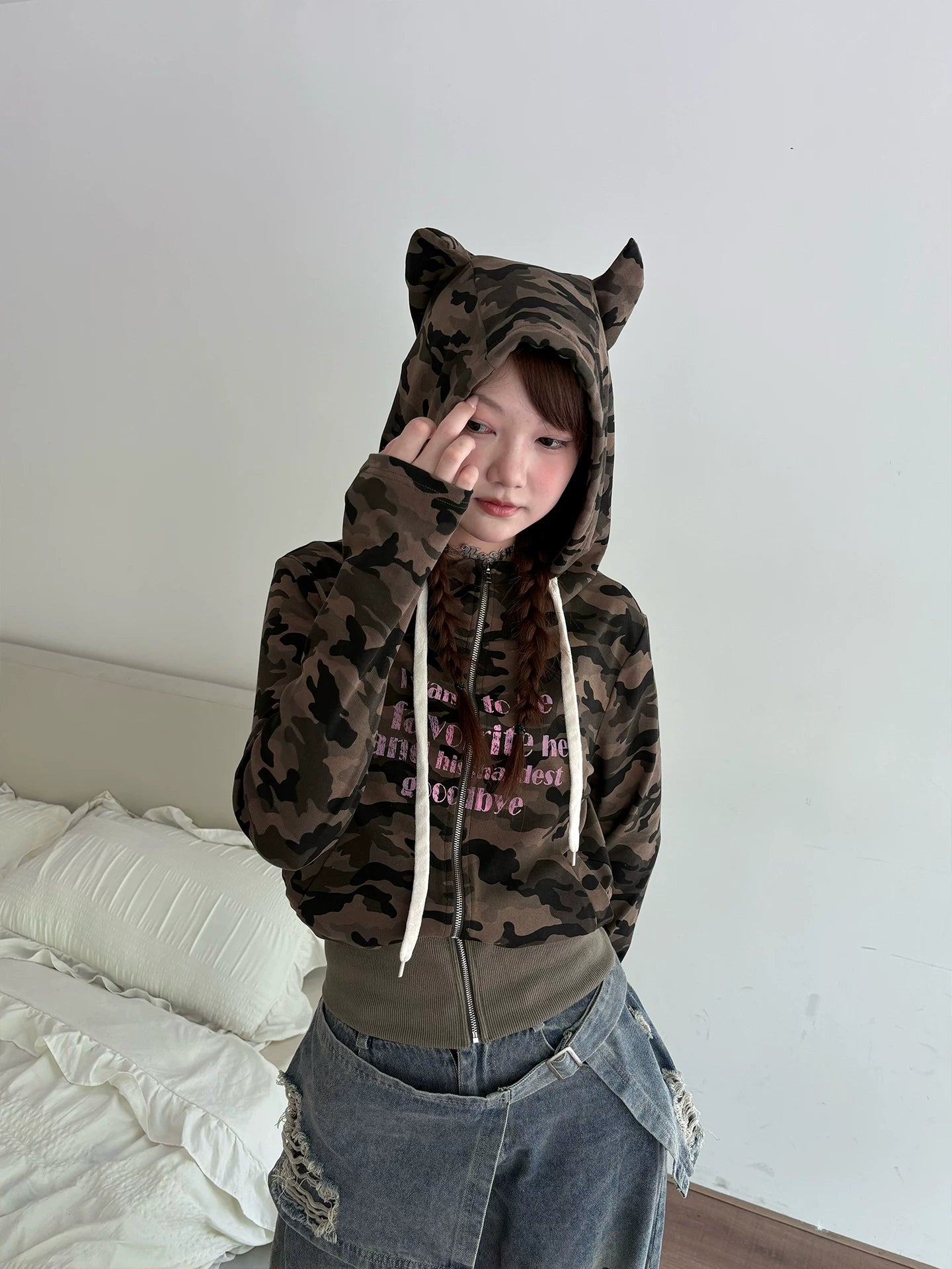 Devil Horn Hooded Print Zipper Hoodie