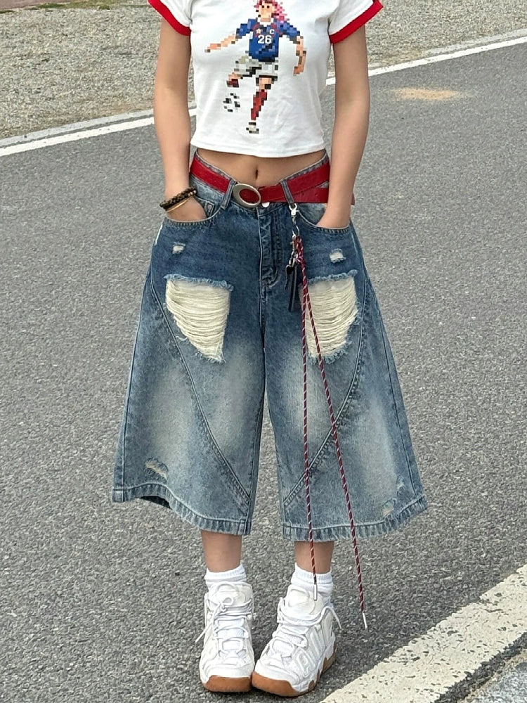 Gradient Red Belt Ripped Jorts