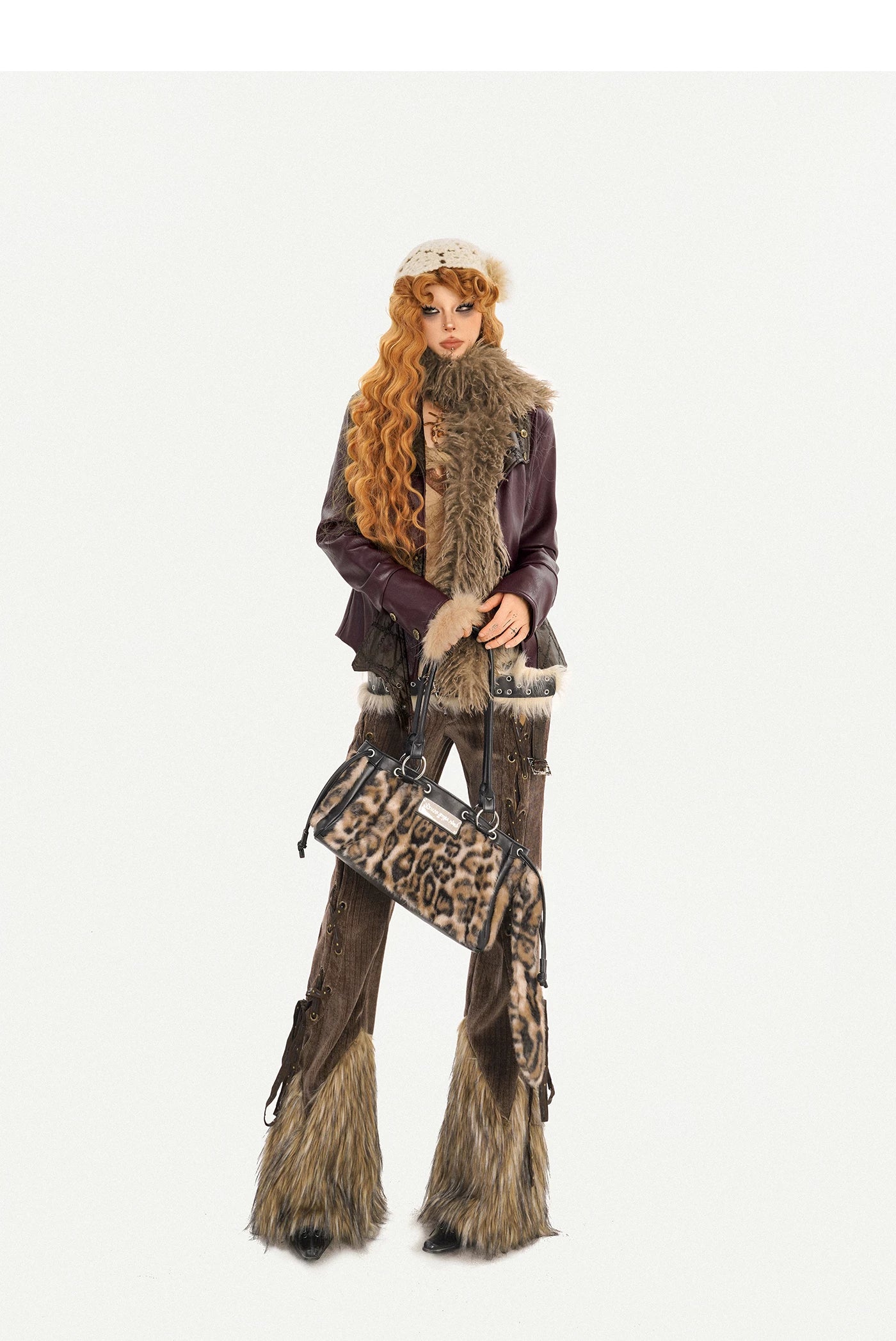 Corduroy Patchwork Fake Fur Lace-Up Slimming Pants