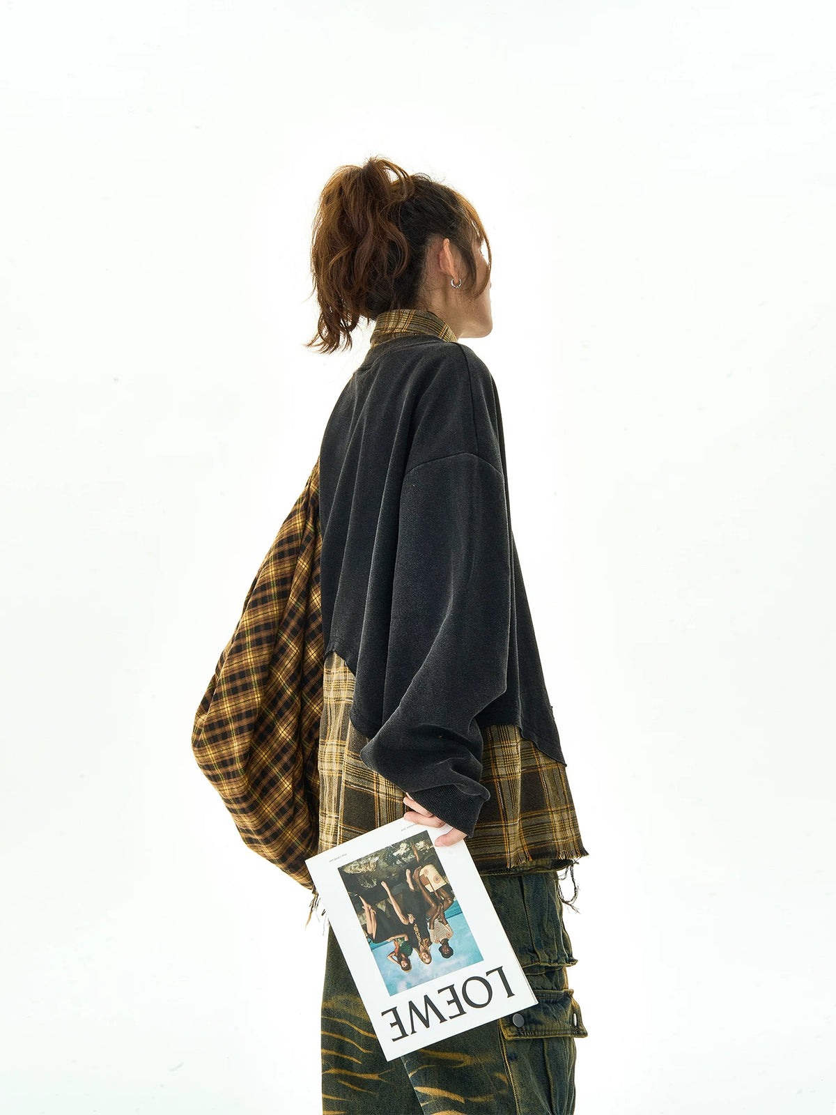 Plaid Stitching Fake Layered Sweatshirt