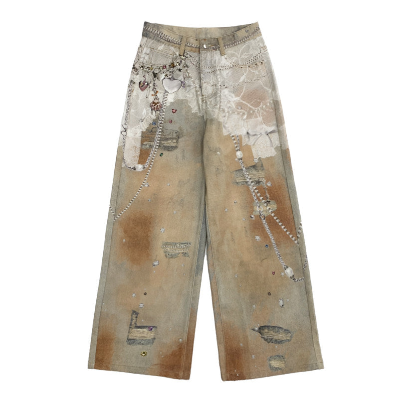 Digital Hand-Drawn Print Wide Leg Denim Jeans