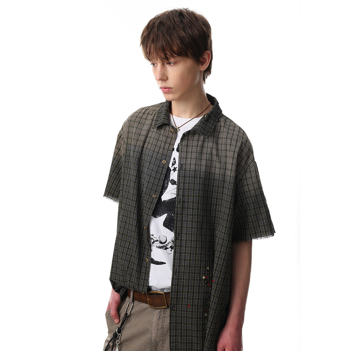 Plaid Cut Gradient Washed Short Sleeve Shirt