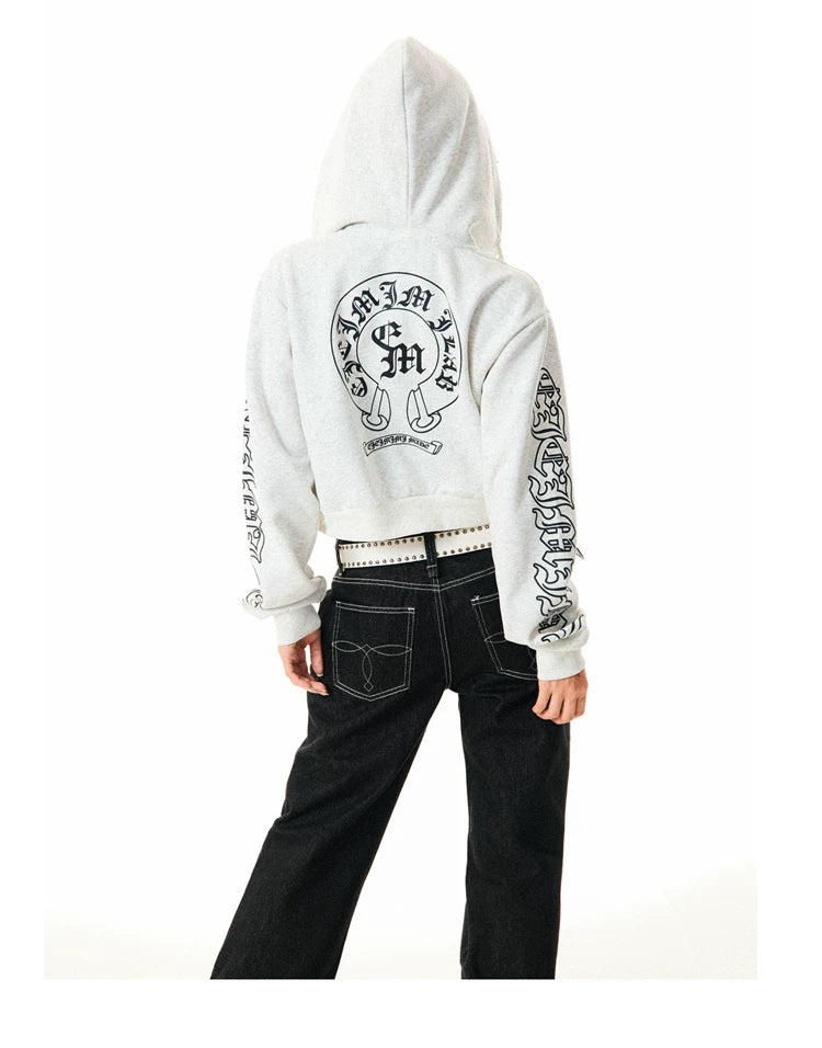 Gothic Logo Print Cropped Zipper Hoodie