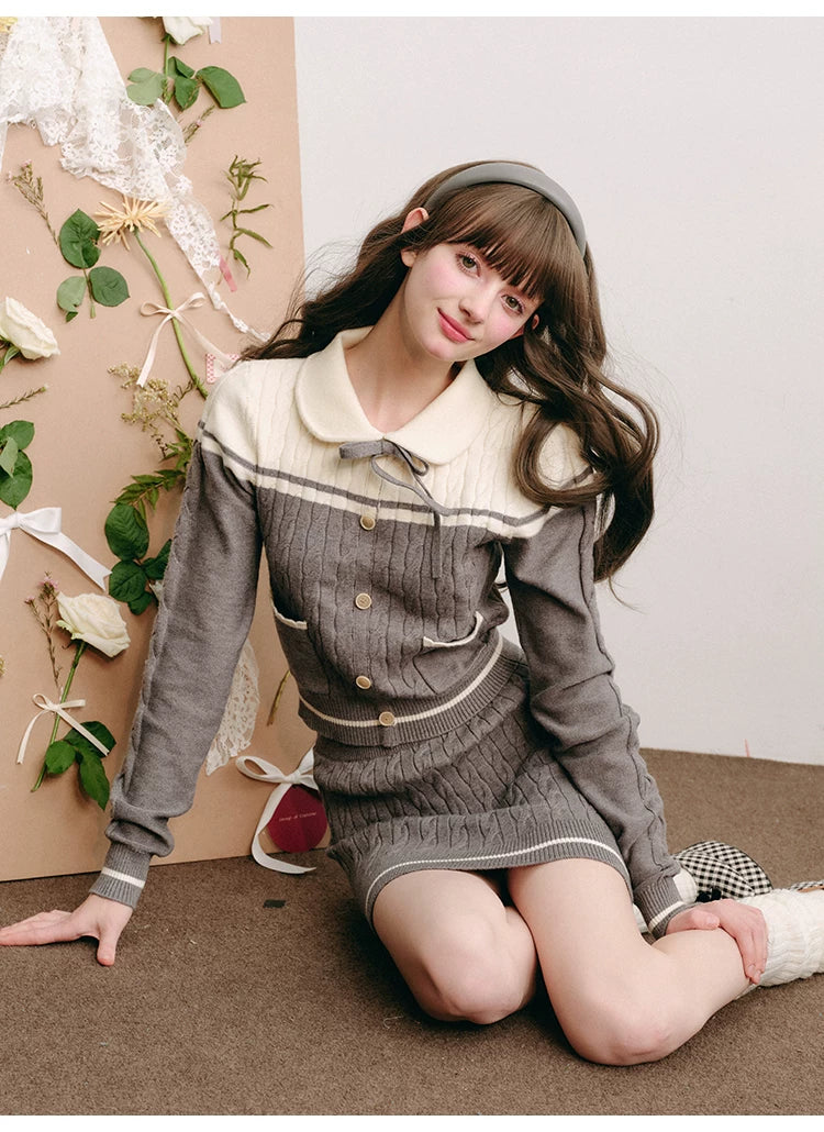 Bow Round Collar Knit Cardigan & Knit Short Skirt Setup