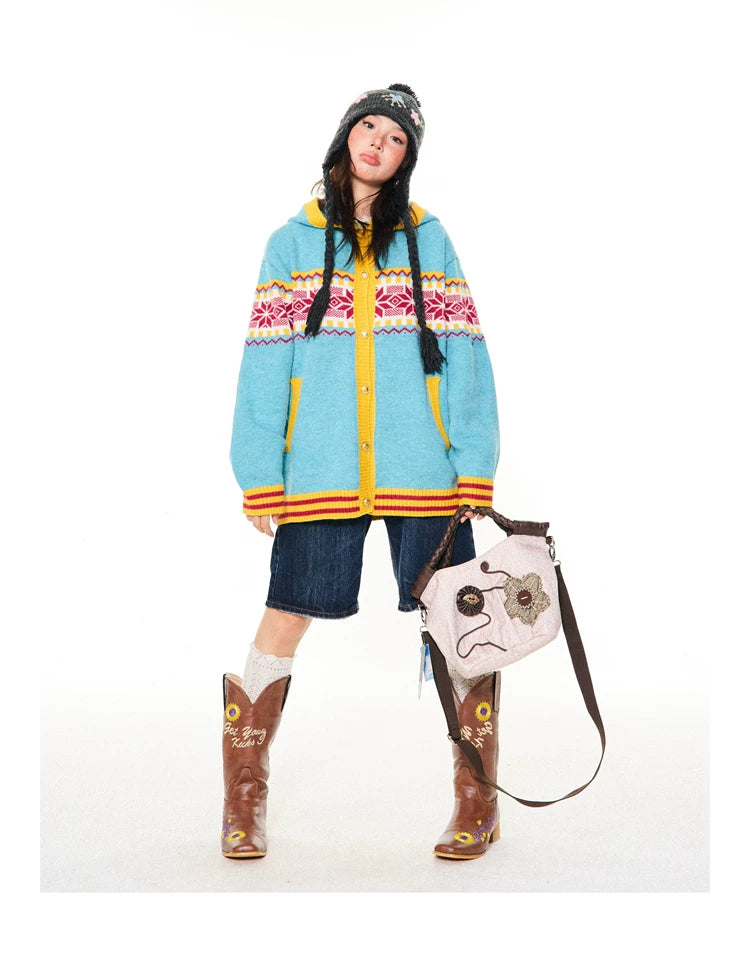 Contrast Pattern Hooded Knit Cardigan