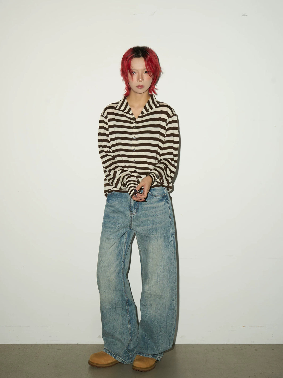 Contrast Stripe Wool Knit High-Neck Cardigan