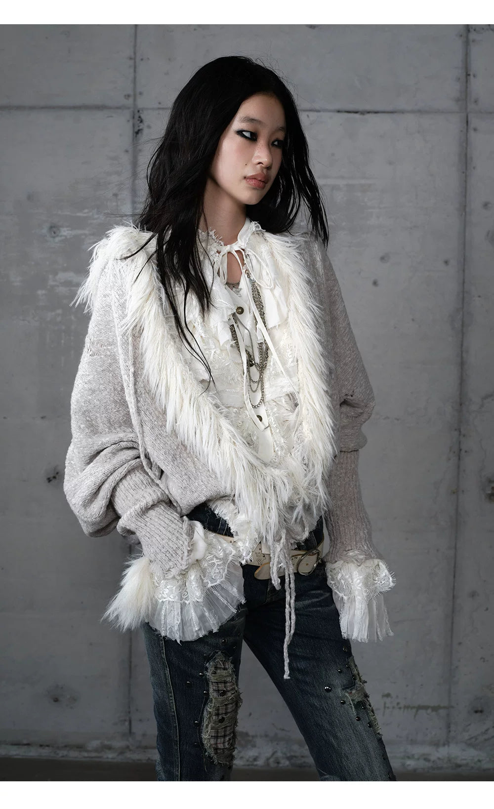 Fake Fur Trim Drawstring Oversize Knit Cardigan