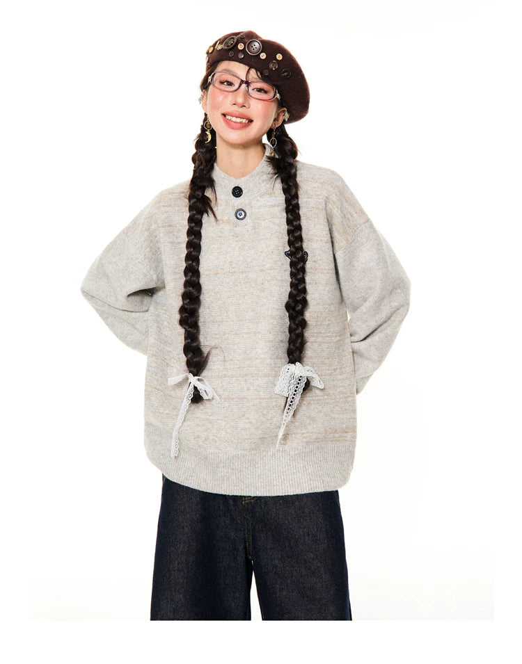 Button-Detail Stand Neck Knit Sweater