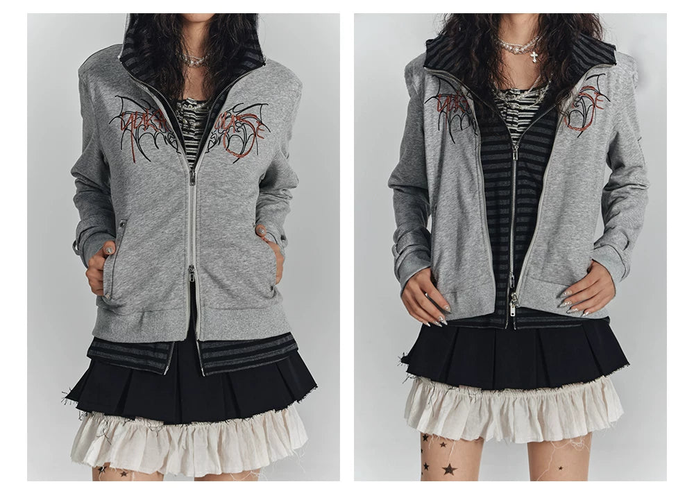 Embroidery Fake Layered Double Zipper Hoodie