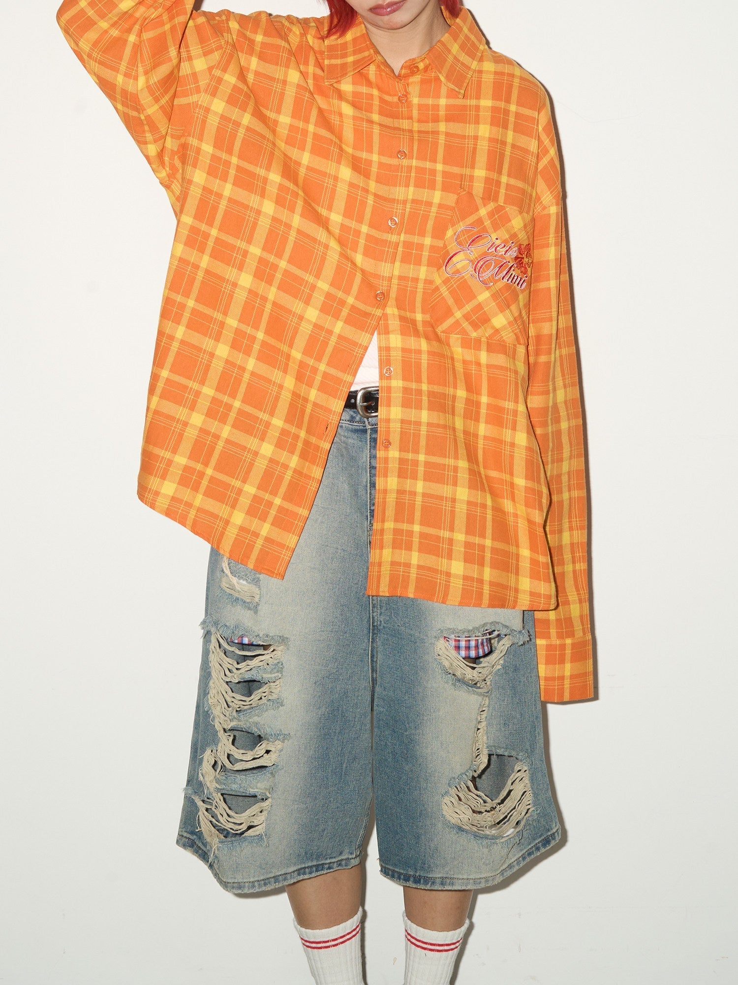 Plaid Embroidery Print Oversize Long Sleeve Shirt